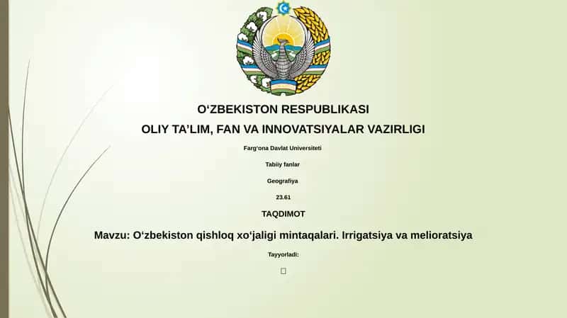 O‘zbekistоn qishloq xo‘jaligi mintaqalari. Irrigatsiya va melioratsiya