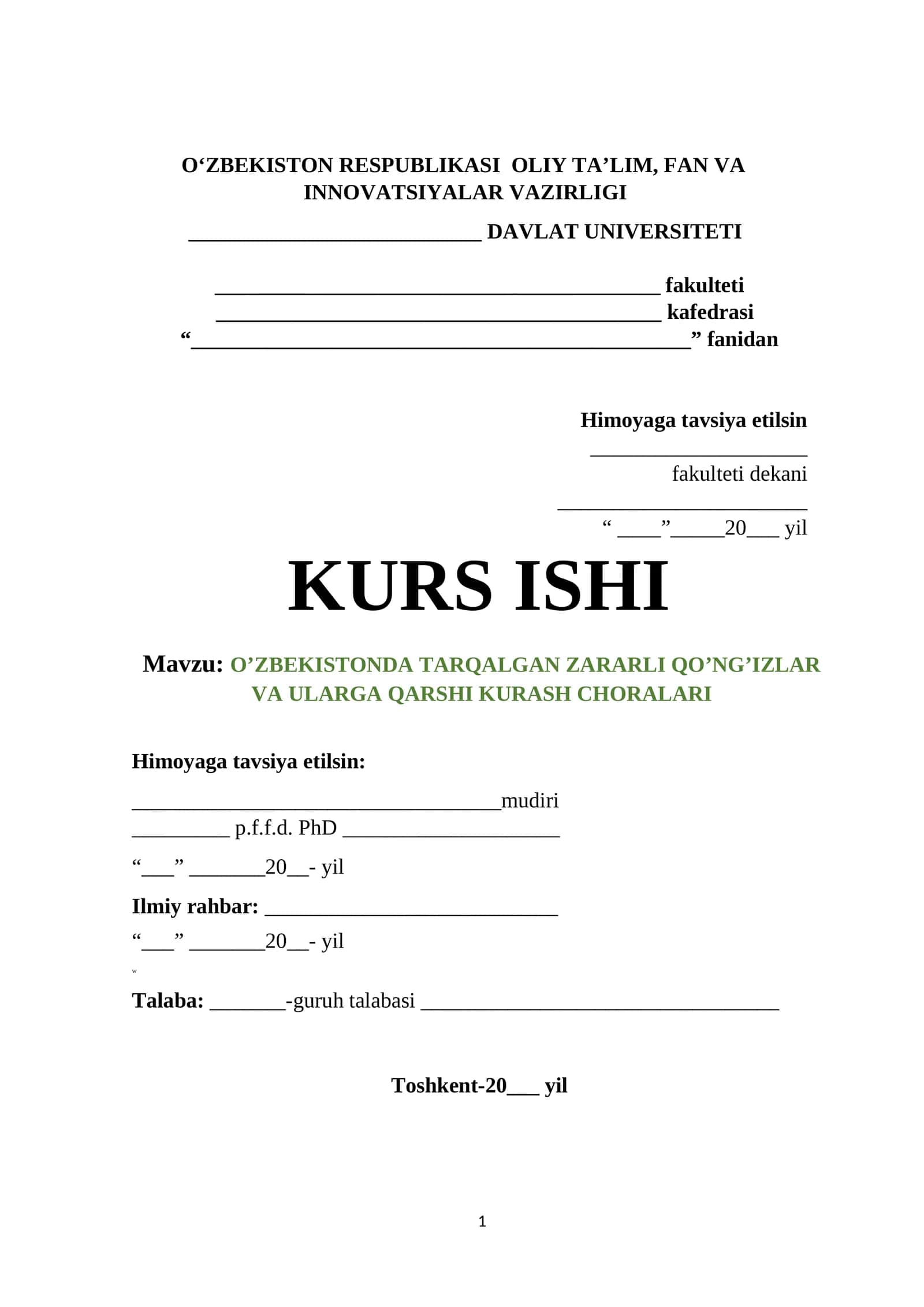 O’ZBEKISTONDA TARQALGAN ZARARLI QO’NG’IZLAR VA ULARGA QARSHI KURASH CHORALARI