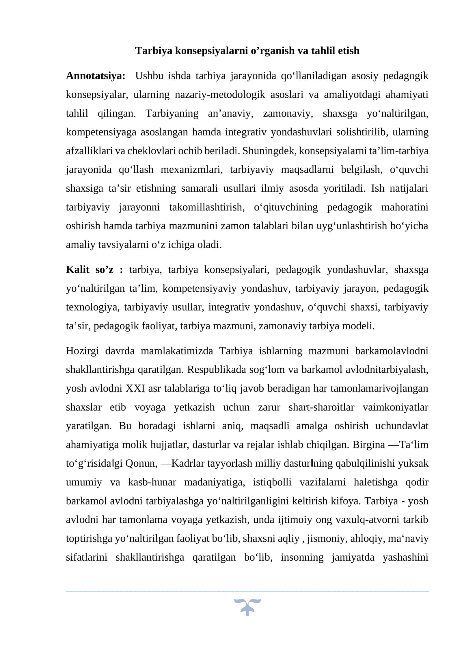 Tarbiya konsepsiyalarni o’rganish va tahlil etish
