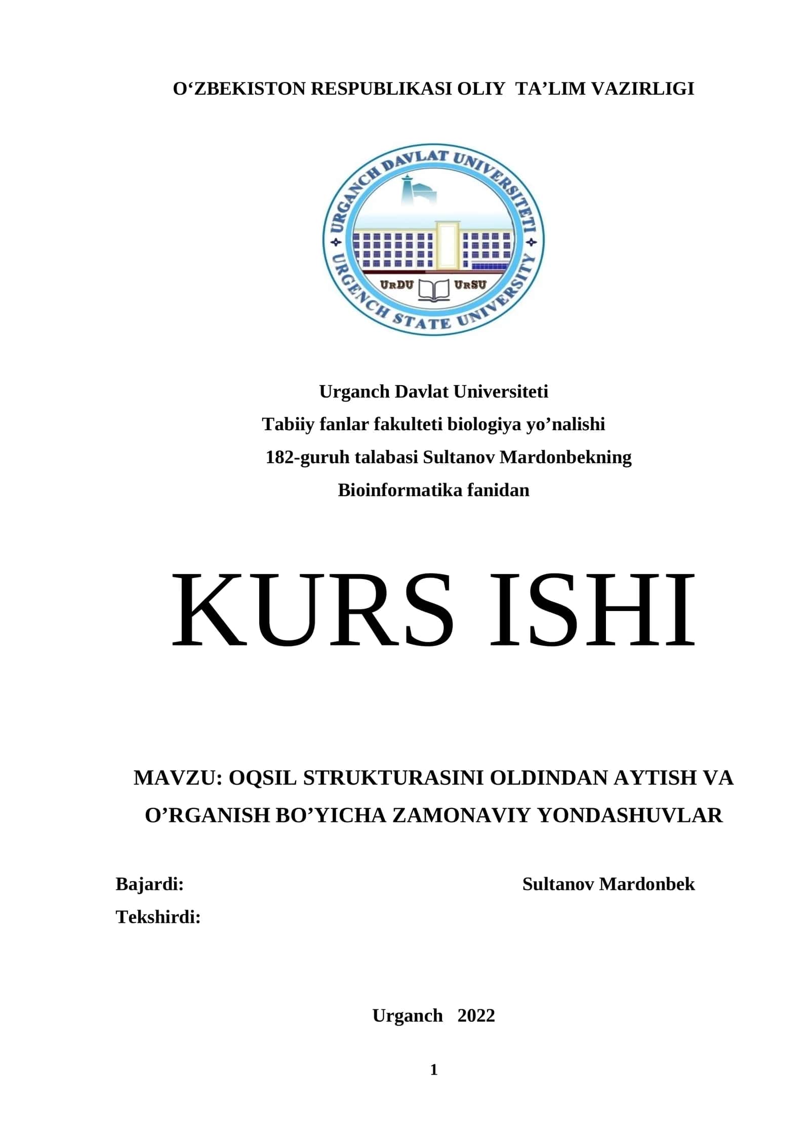 Oqsil strukturasini oldindan aytish va o’rganish bo’yicha zamonaviy yondashuvlar KURS ISHI