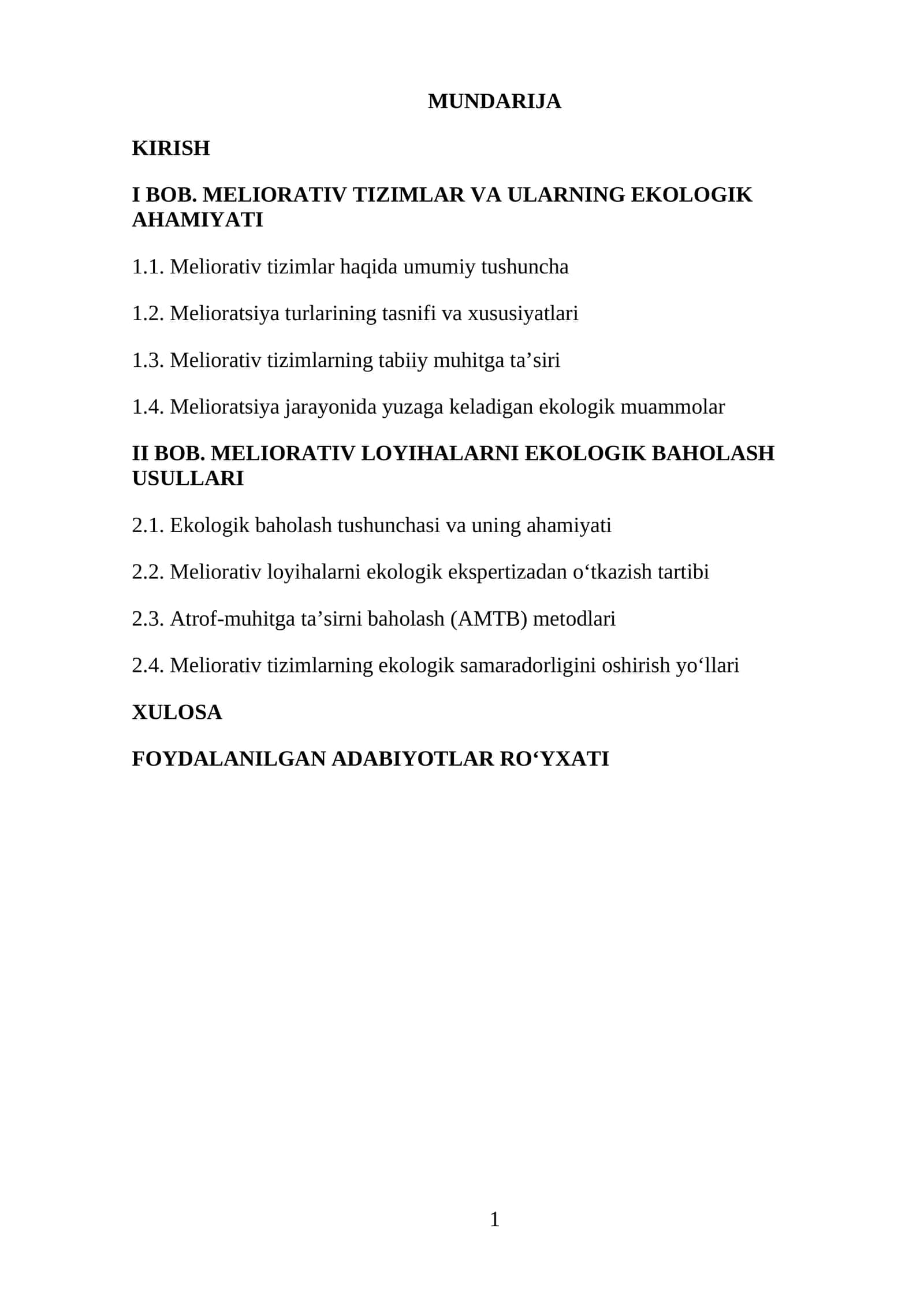 MELIORATIV TIZIMLAR VA ULARNING EKOLOGIK AHAMIYATI