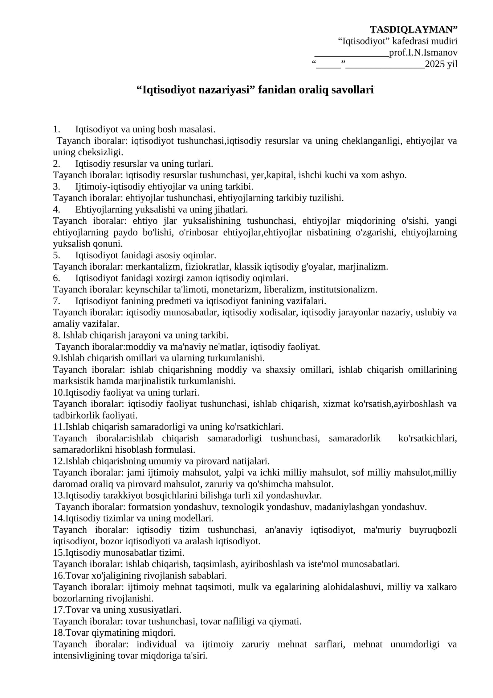 Iqtisodiyot nazariyasi fanidan oraliq savollari