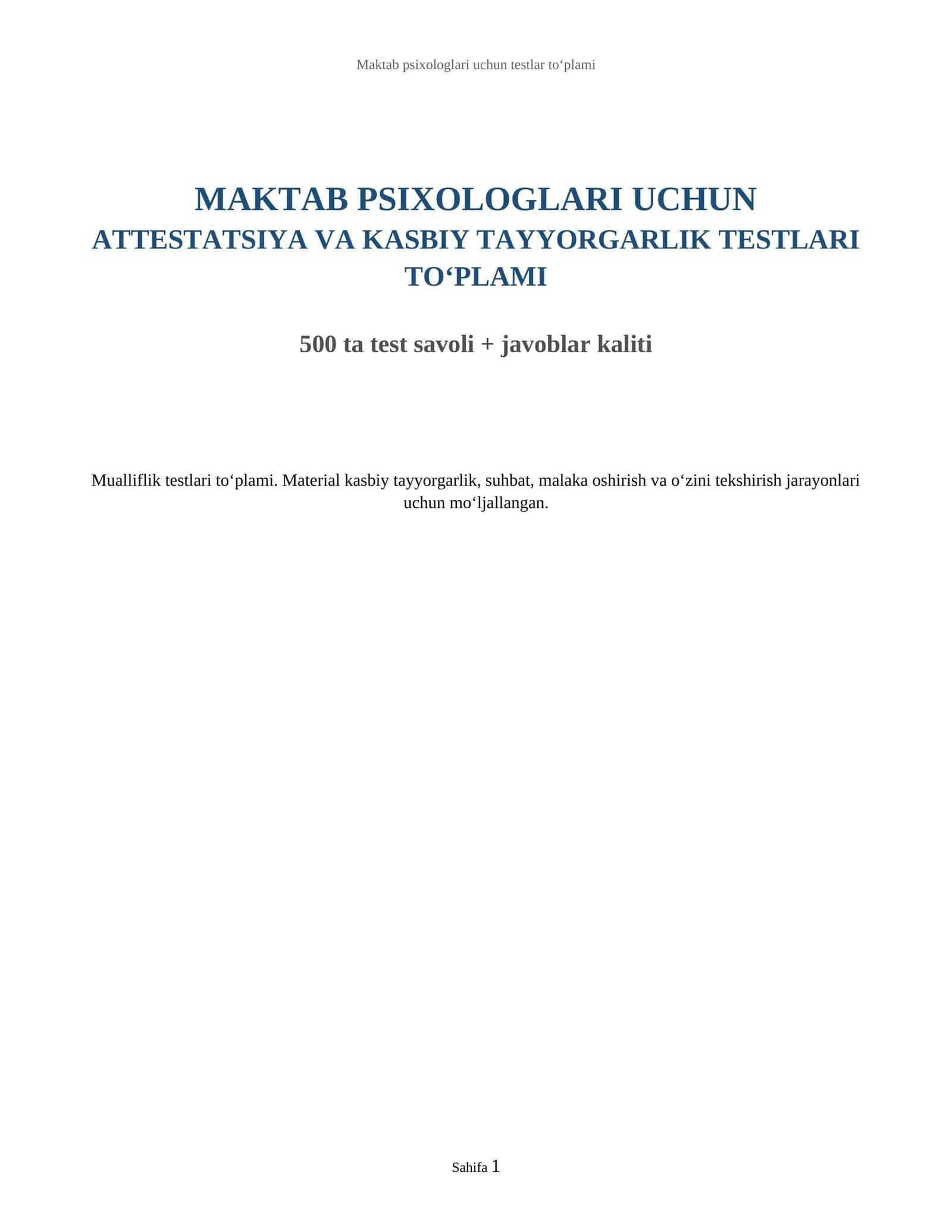Maktab psixologlari uchun testlar to‘plami