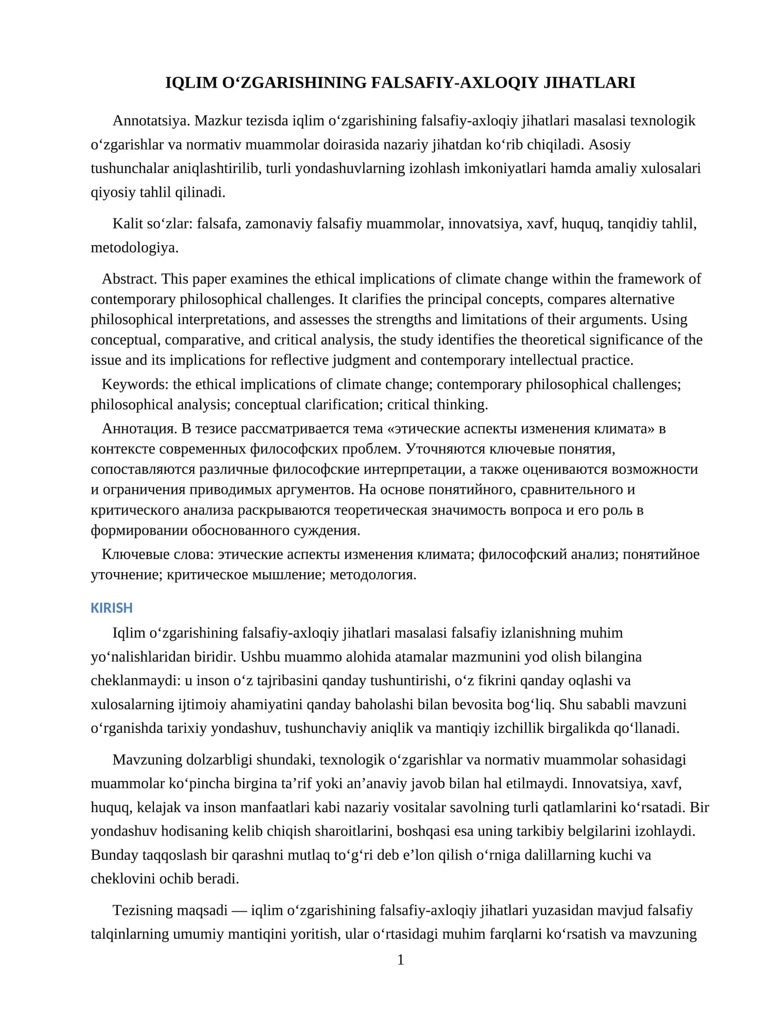 IQLIM O‘ZGARISHINING FALSAFIY-AXLOQIY JIHATLARI