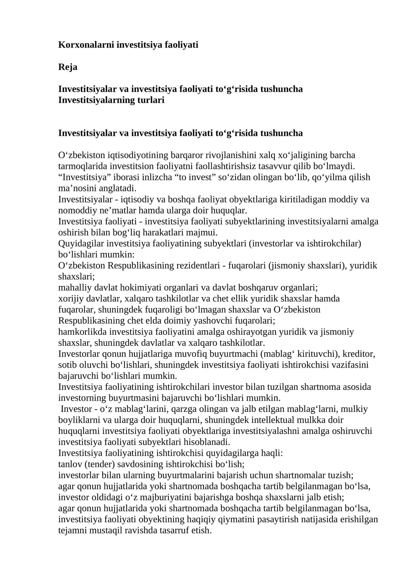 Korxonalarni investitsiya faoliyati