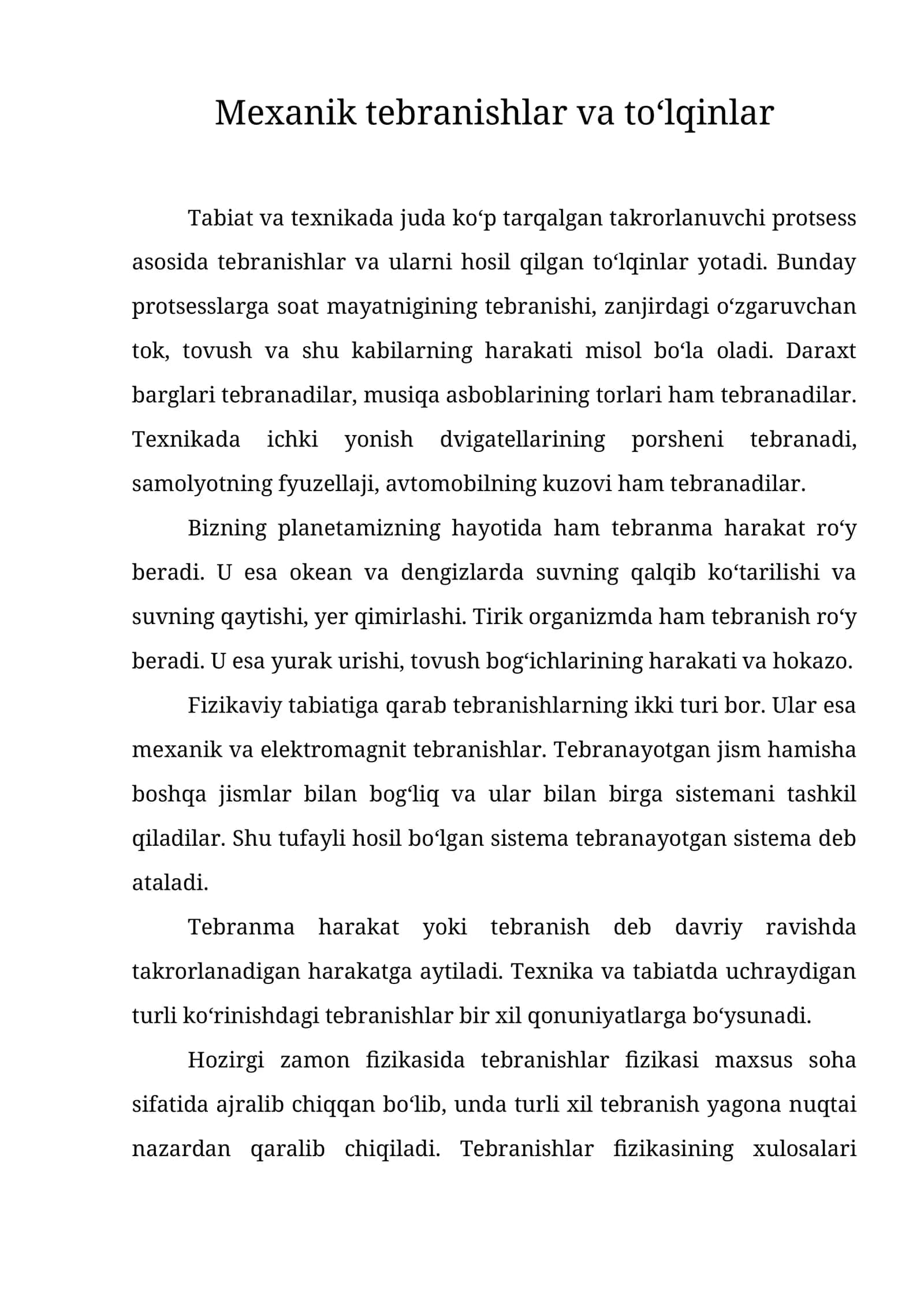 Mexanik tebranishlar va to‘lqinlar