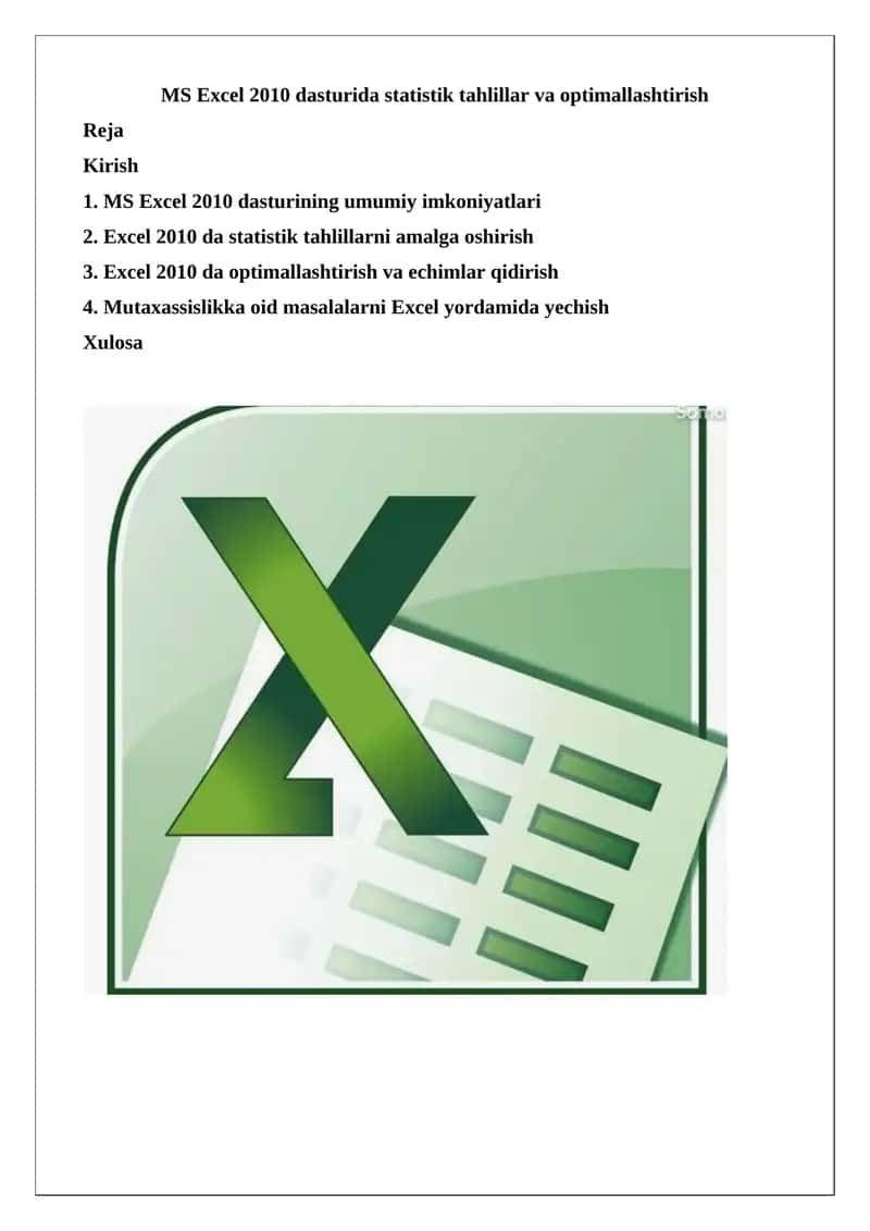 Microsoft Excel 2010 dasturida statistik tahlillar va optimallashtirish