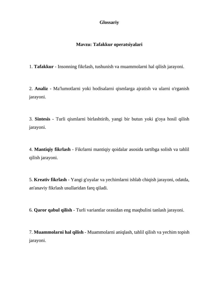 Tafakkur operatsiyalari Glossariy