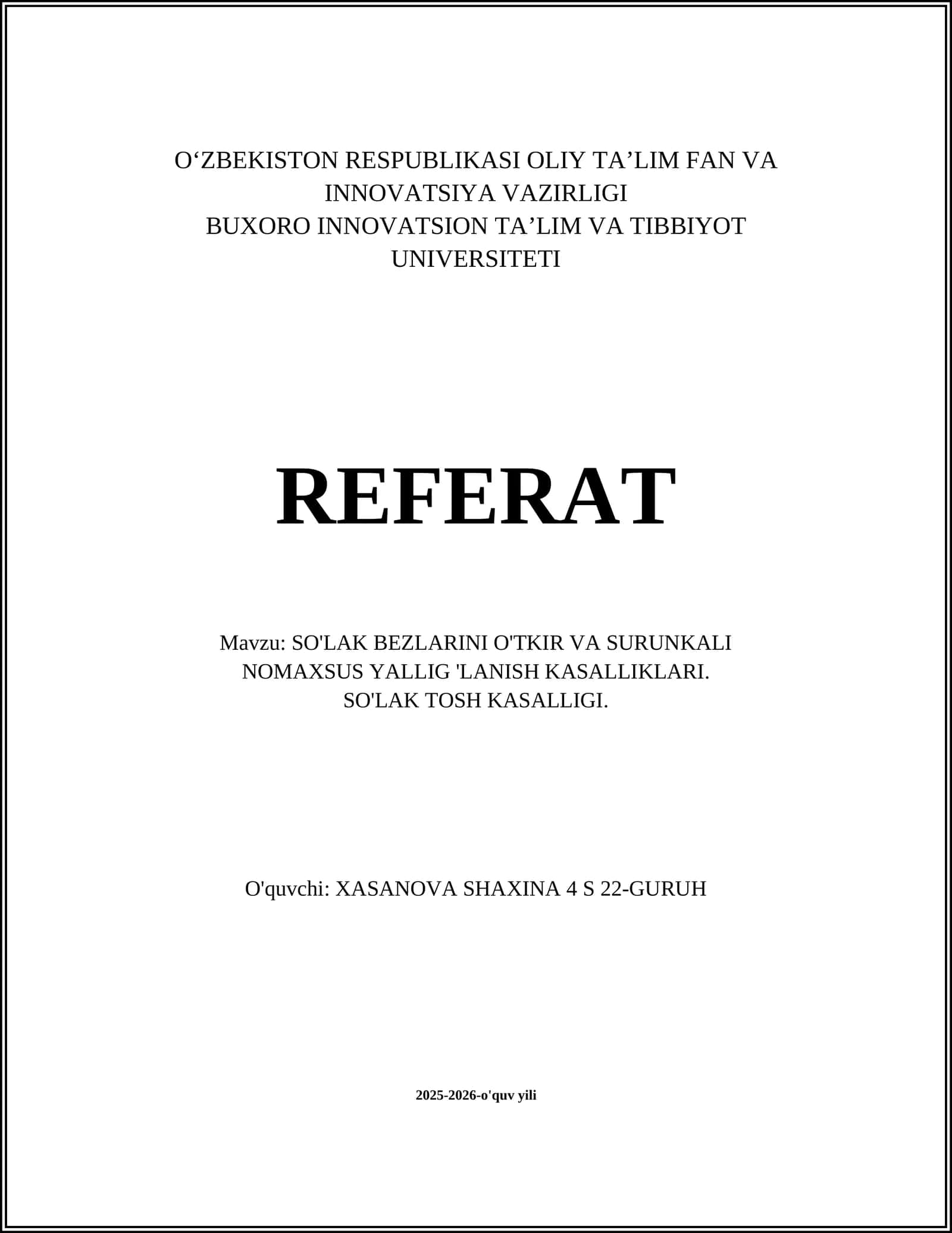 SO'LAK BEZLARINI O'TKIR VA SURUNKALI NOMAXSUS YALLIG 'LANISH KASALLIKLARI