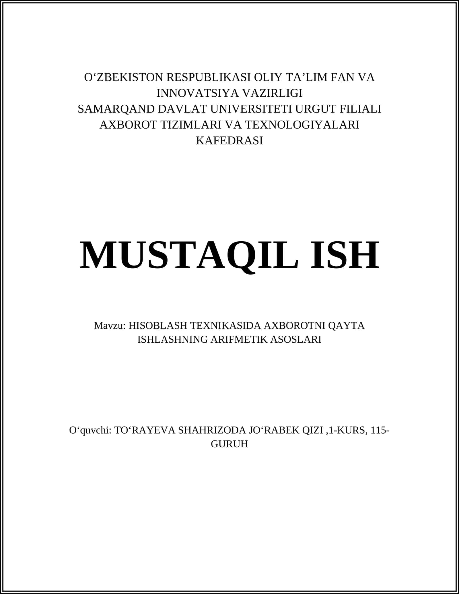 AXBOROTNI QAYTA ISHLASHNING ARIFMETIK ASOSLARI
