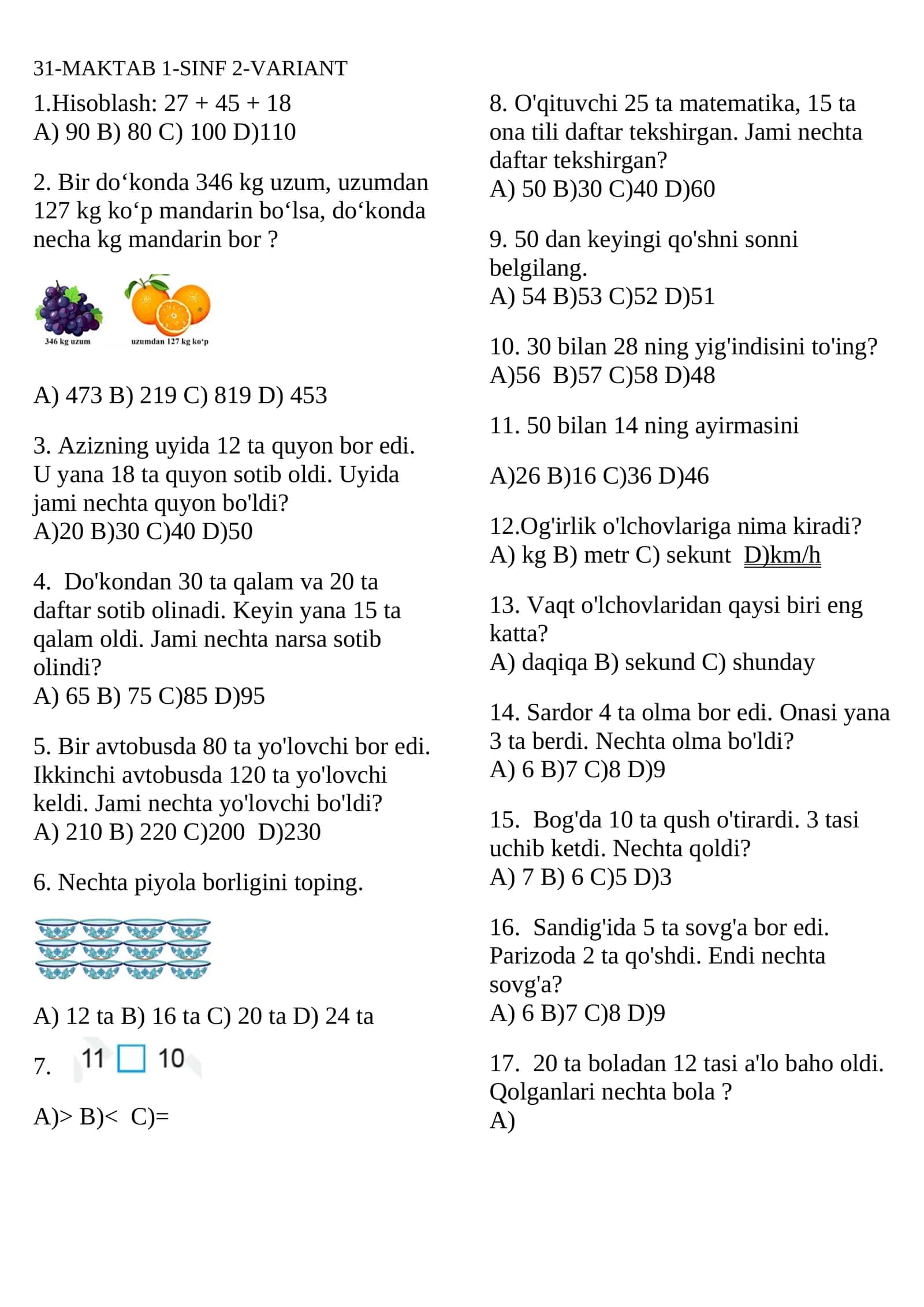 matematika 2-sinf testi