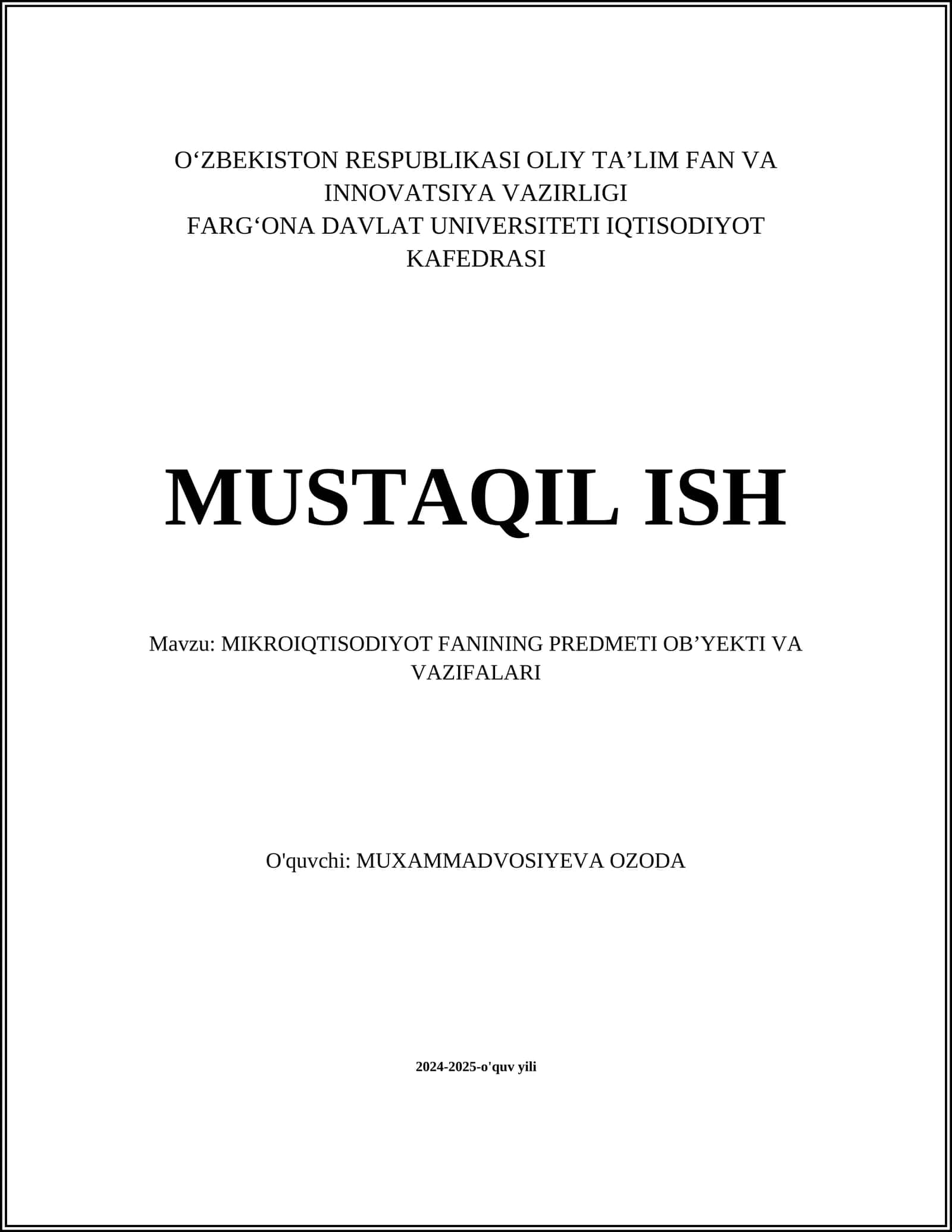 MIKROIQTISODIYOT FANINING PREDMETI OBʼYEKTI VA VAZIFALARI