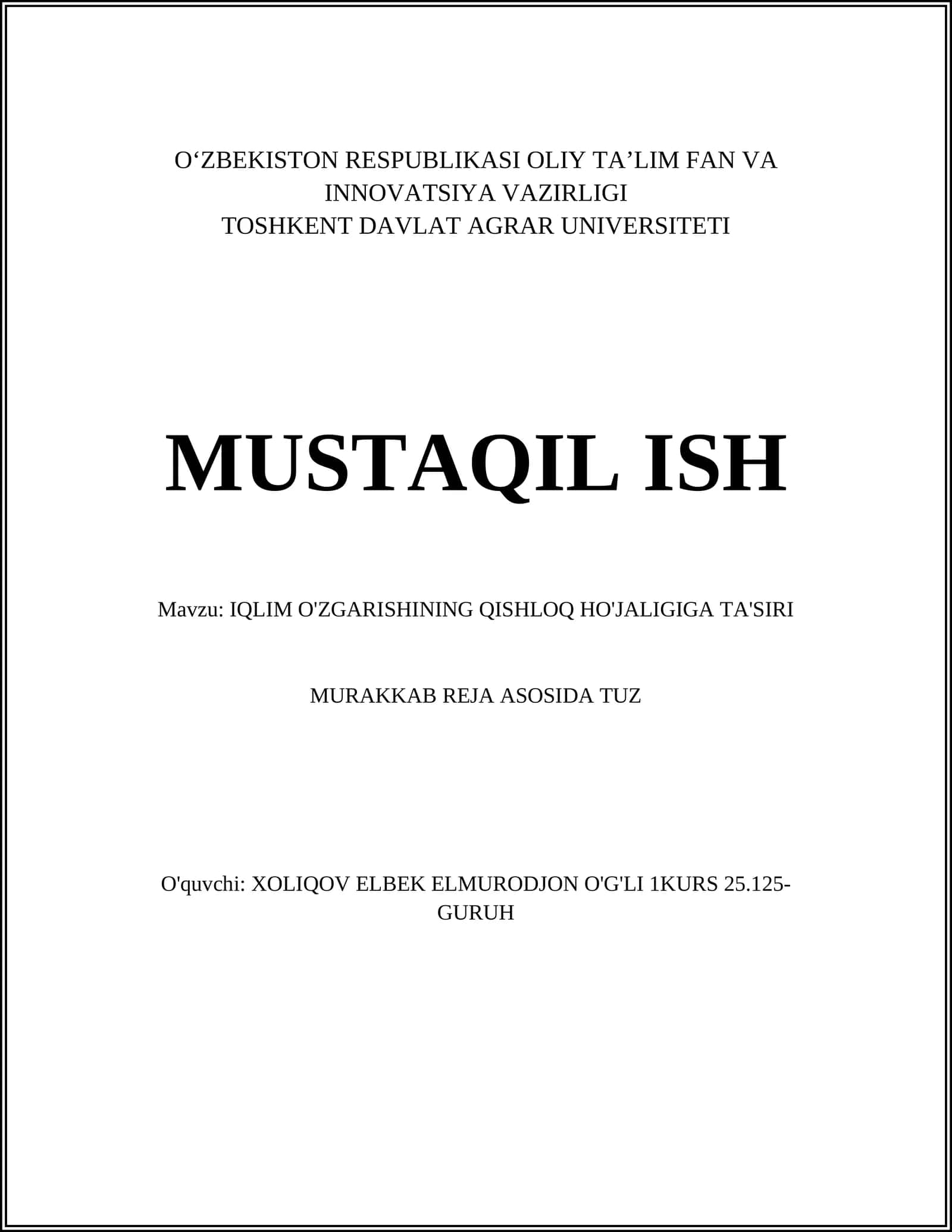 IQLIM O'ZGARISHINING QISHLOQ HO'JALIGIGA TA'SIRI