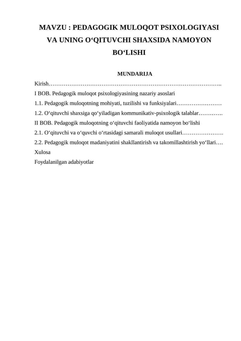 PEDAGOGIK MULOQOT PSIXOLOGIYASI VA UNING O‘QITUVCHI SHAXSIDA NAMOYON BO‘LISHI