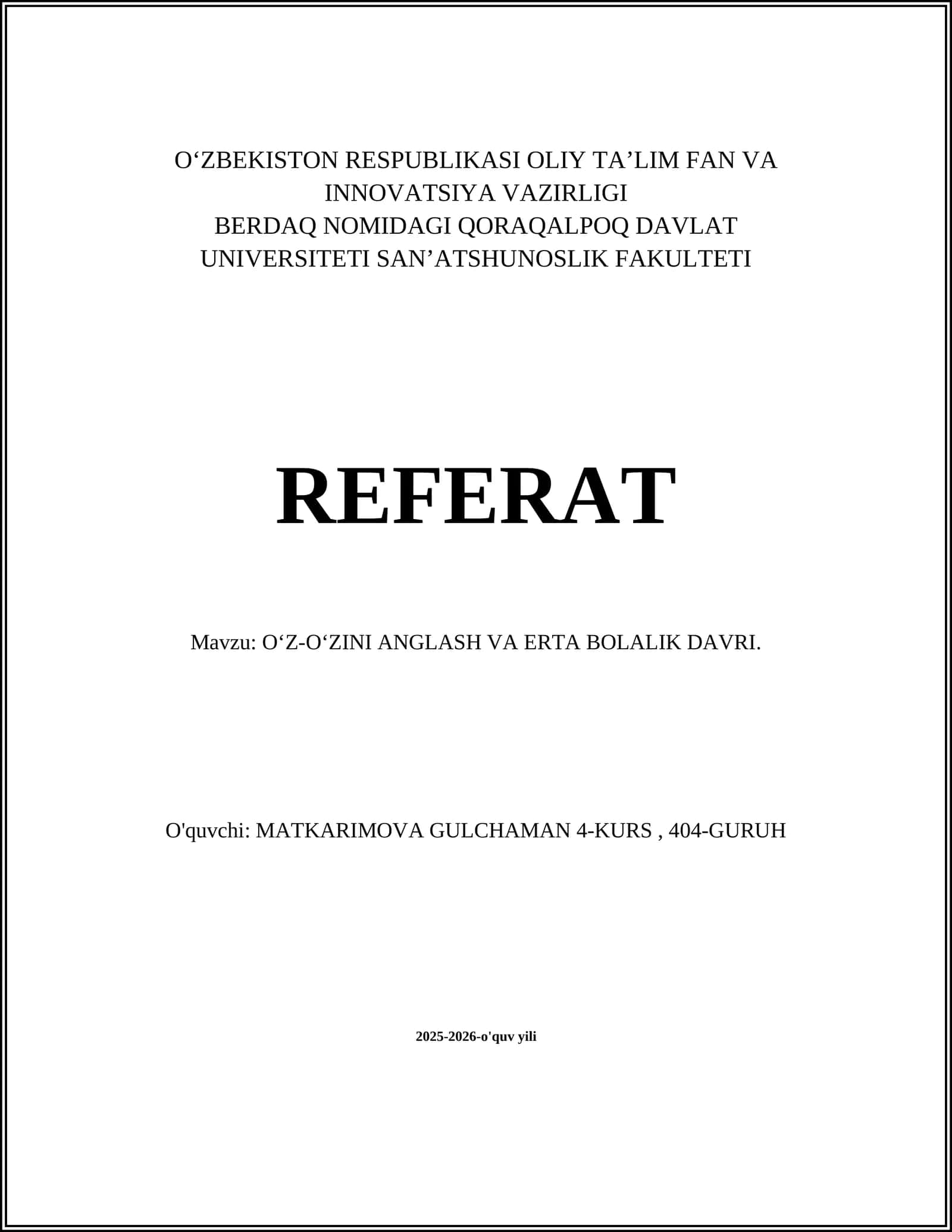 OʻZ-OʻZINI ANGLASH VA ERTA BOLALIK DAVRI