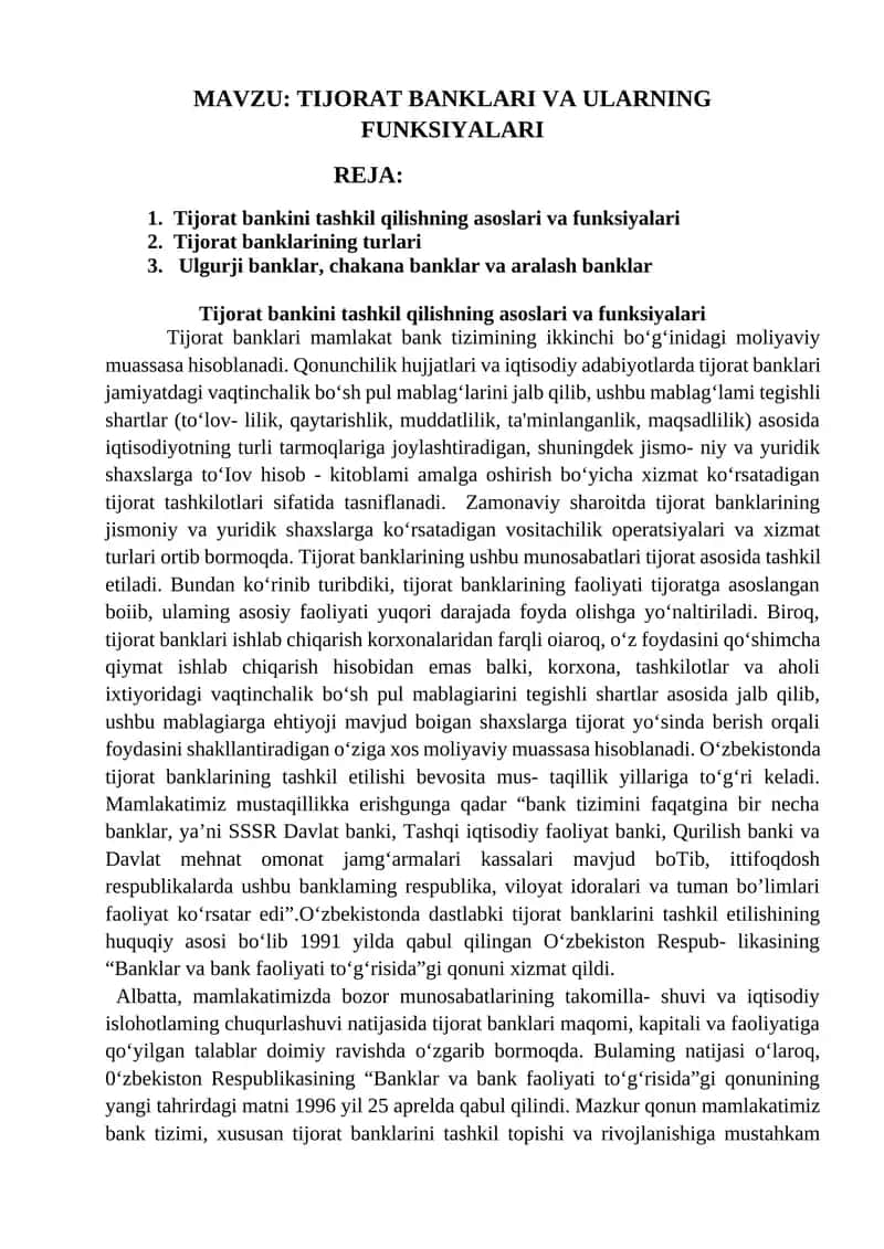 TIJORAT BANKLARI VA ULARNING FUNKSIYALARI