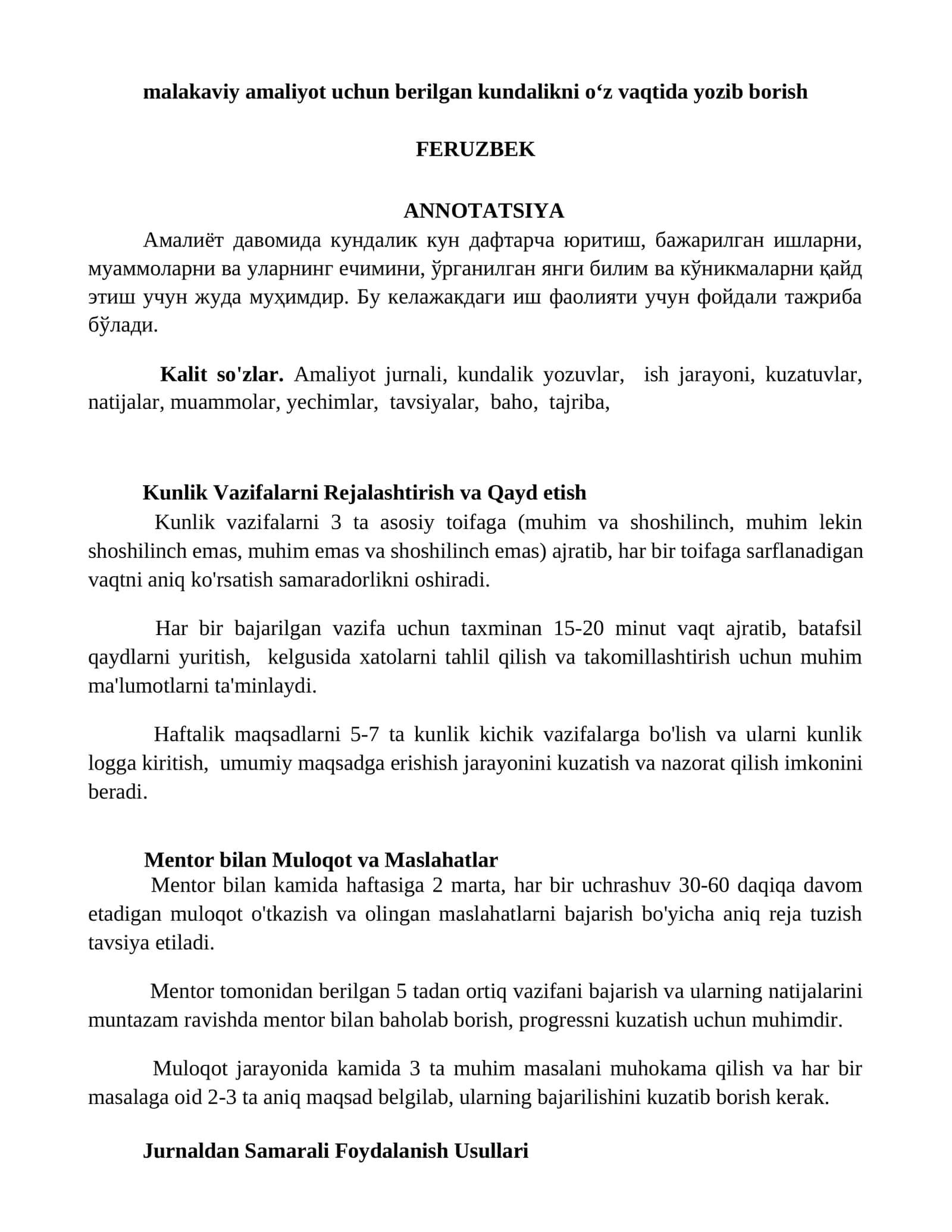 Kunlik Vazifalarni Rejalashtirish va Qayd etish