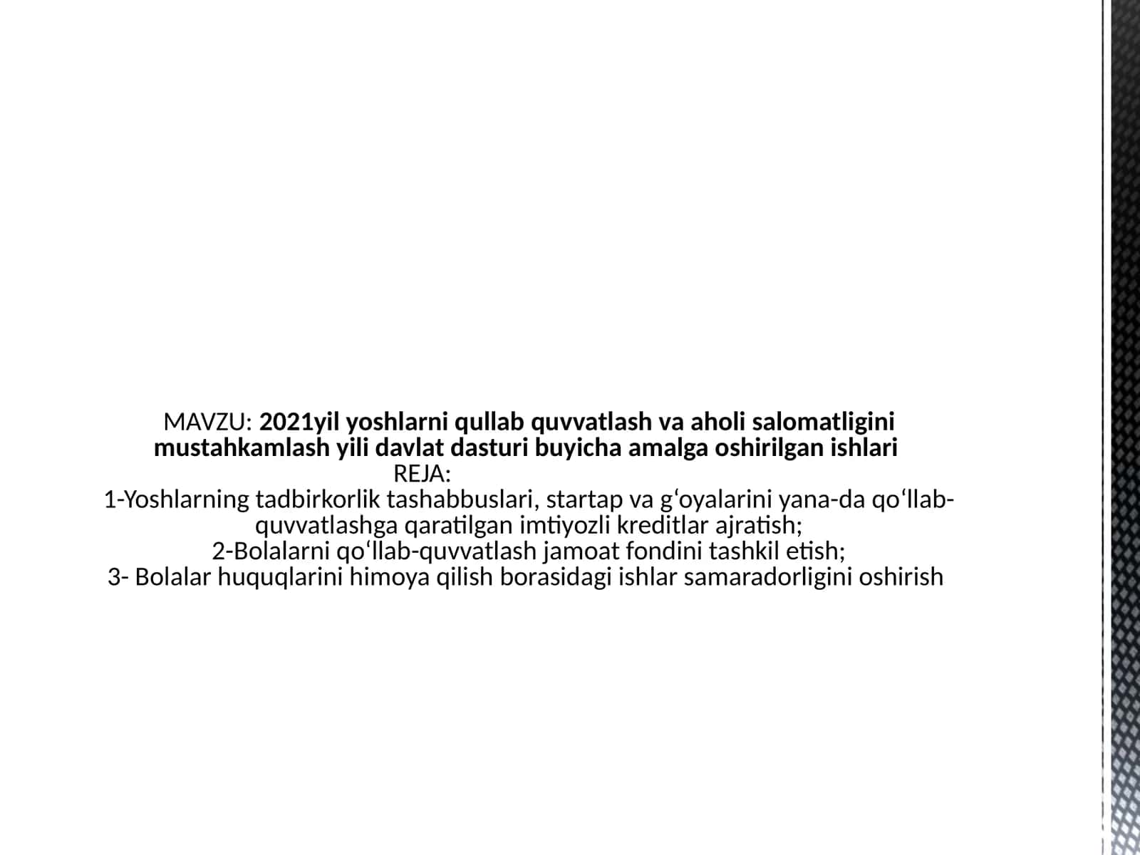 2021 yili yoshlar ni qo'llab-quvvatlash va ahvoli salomatligini mustahkamlash yili