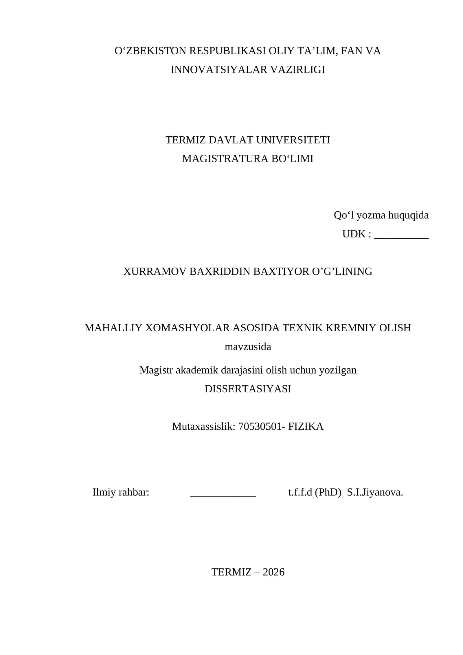 Mahalliy xomashyolar asosida texnik kremniy olg‘a