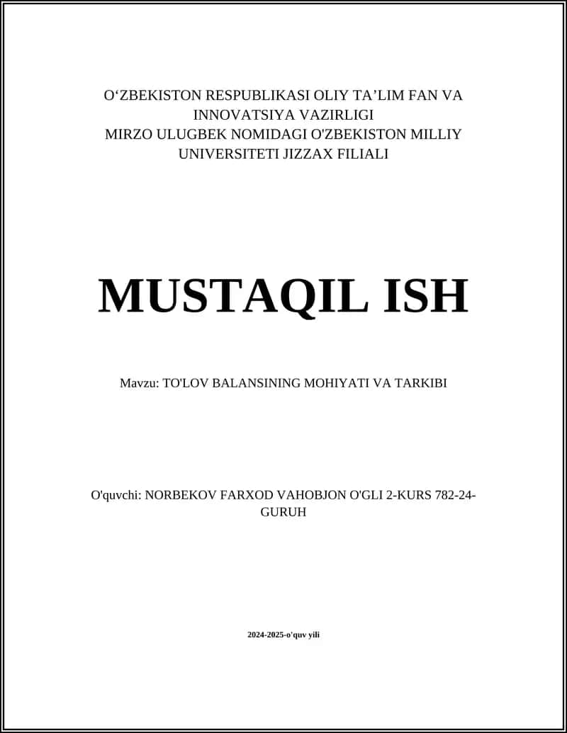 TO'LOV BALANSINING MOHIYATI VA TARKIBI