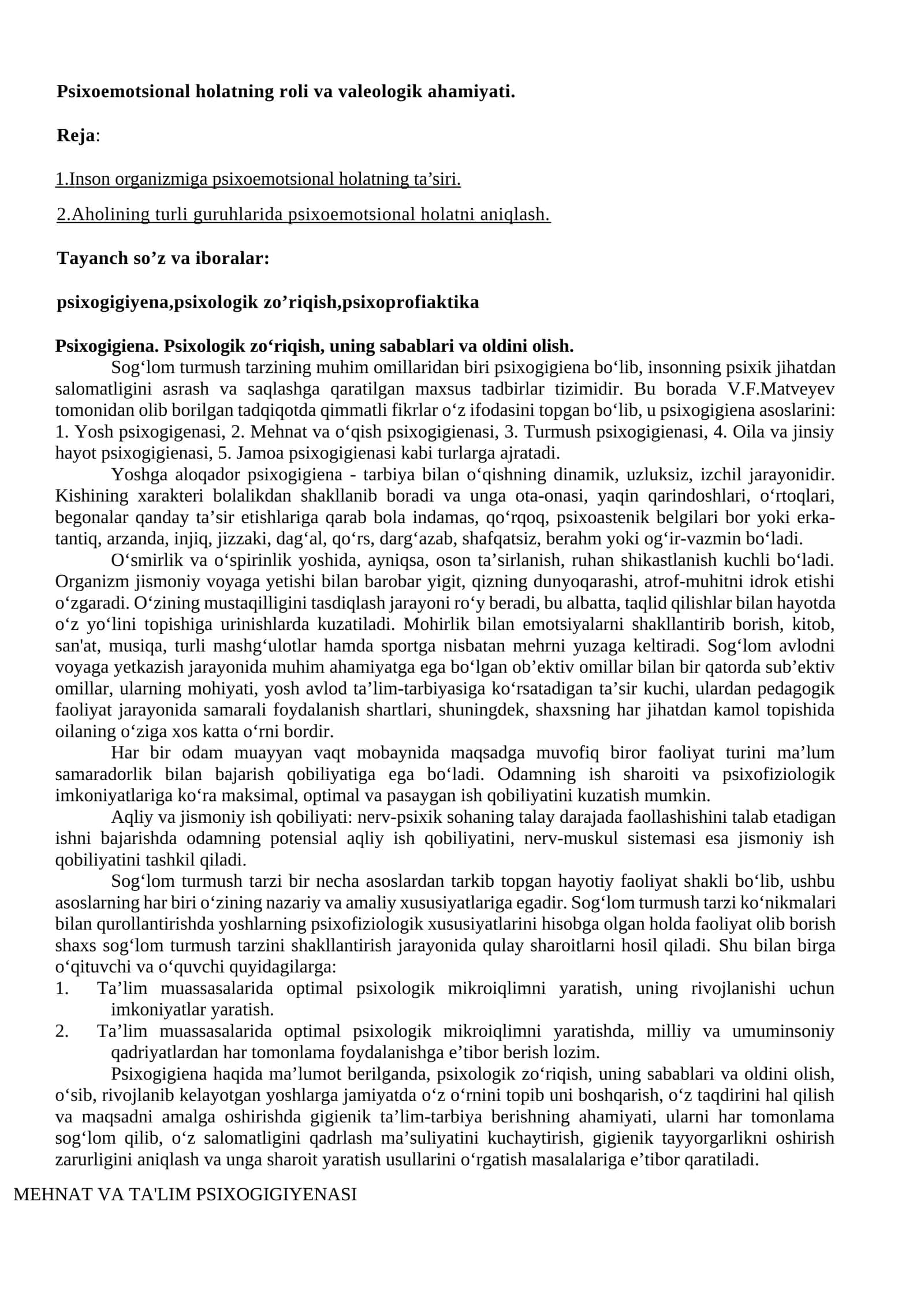 Psixoemotsional holatning roli va valeologik ahamiyati