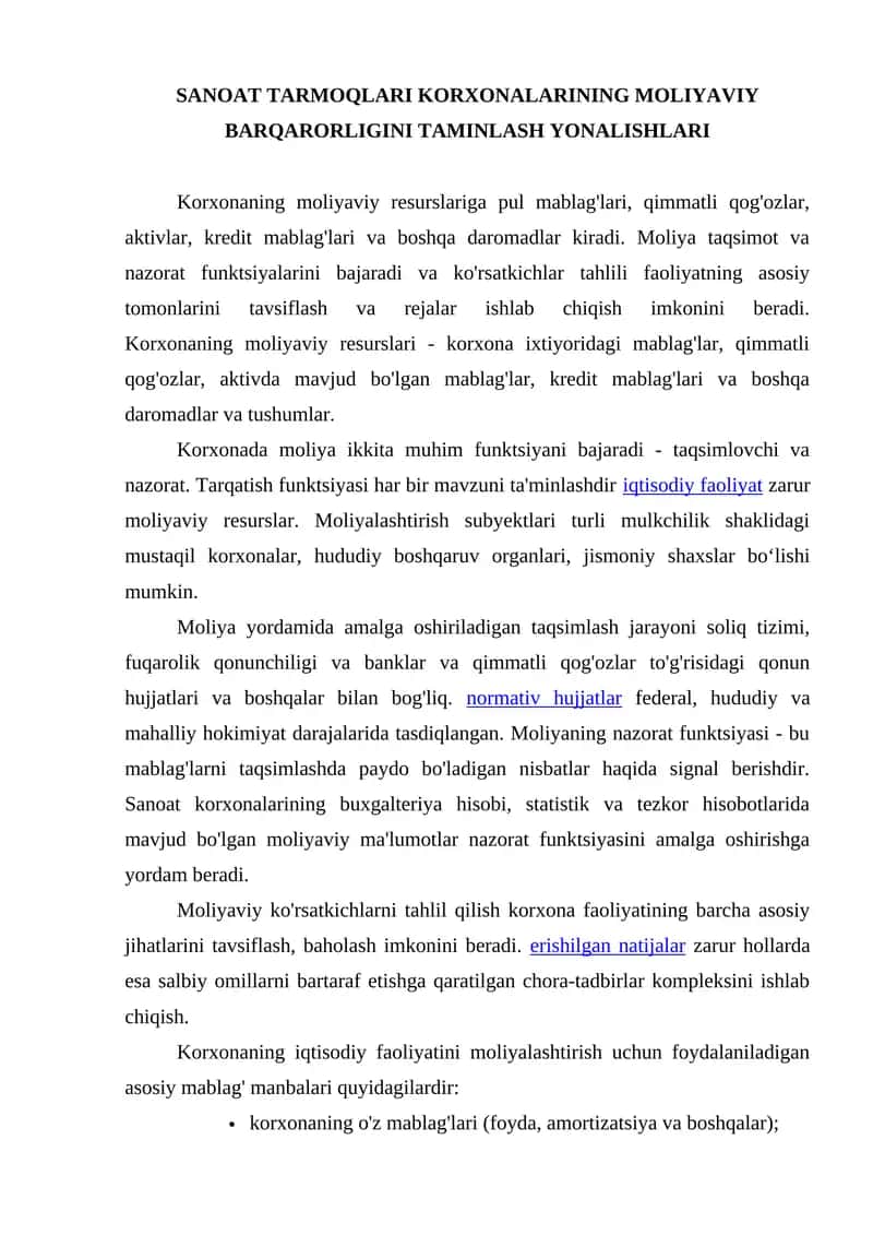 Sanoat tarmoqlari korxonalarining moliyaviy barqarorligini taminlash yonalishlari