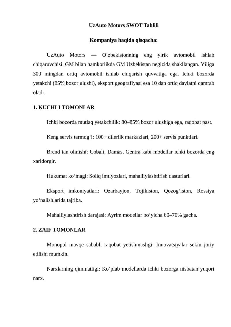 UzAuto Motors SWOT Tahlili