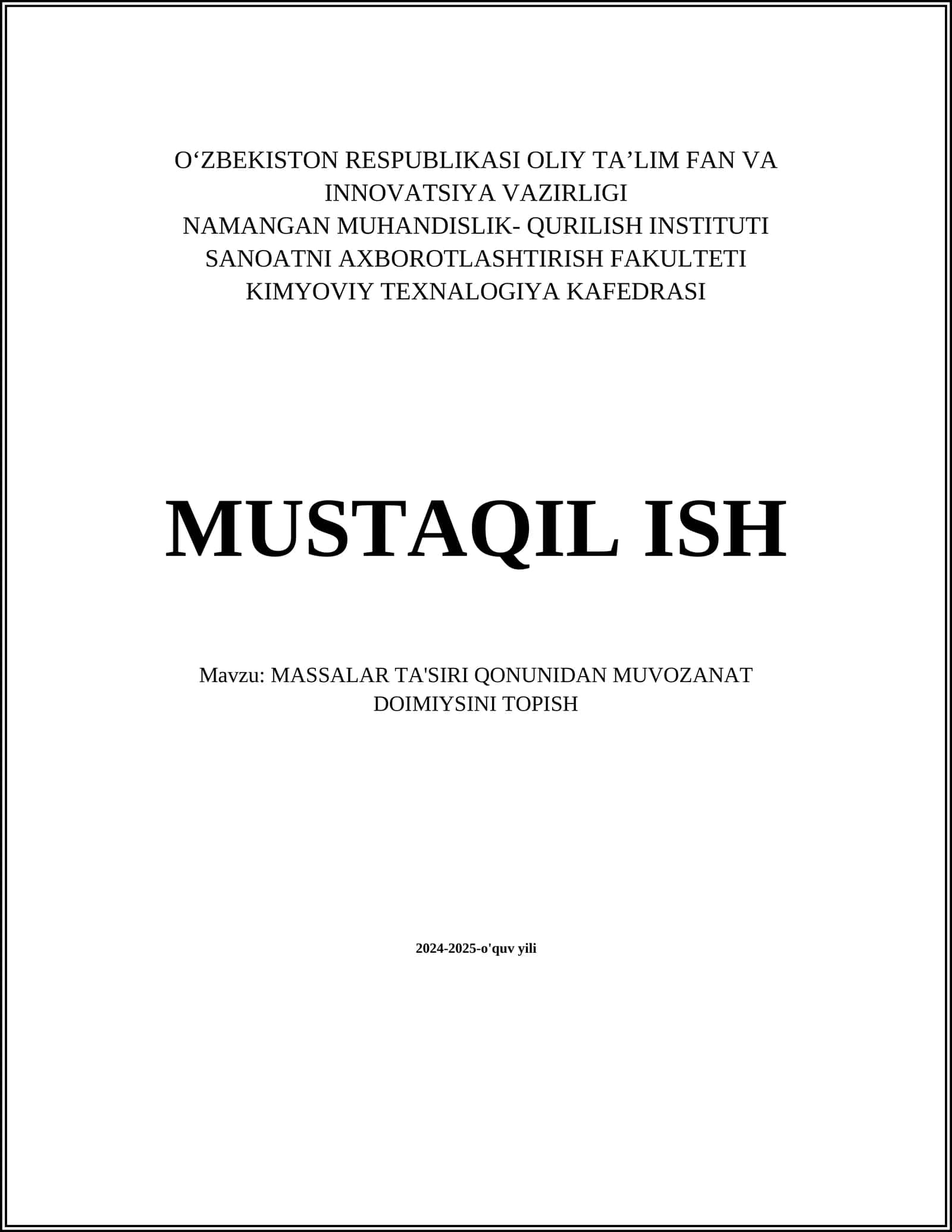 MASSALAR TA'SIRI QONUNIDAN MUVOZANAT DOIMIYSINI TOPISH