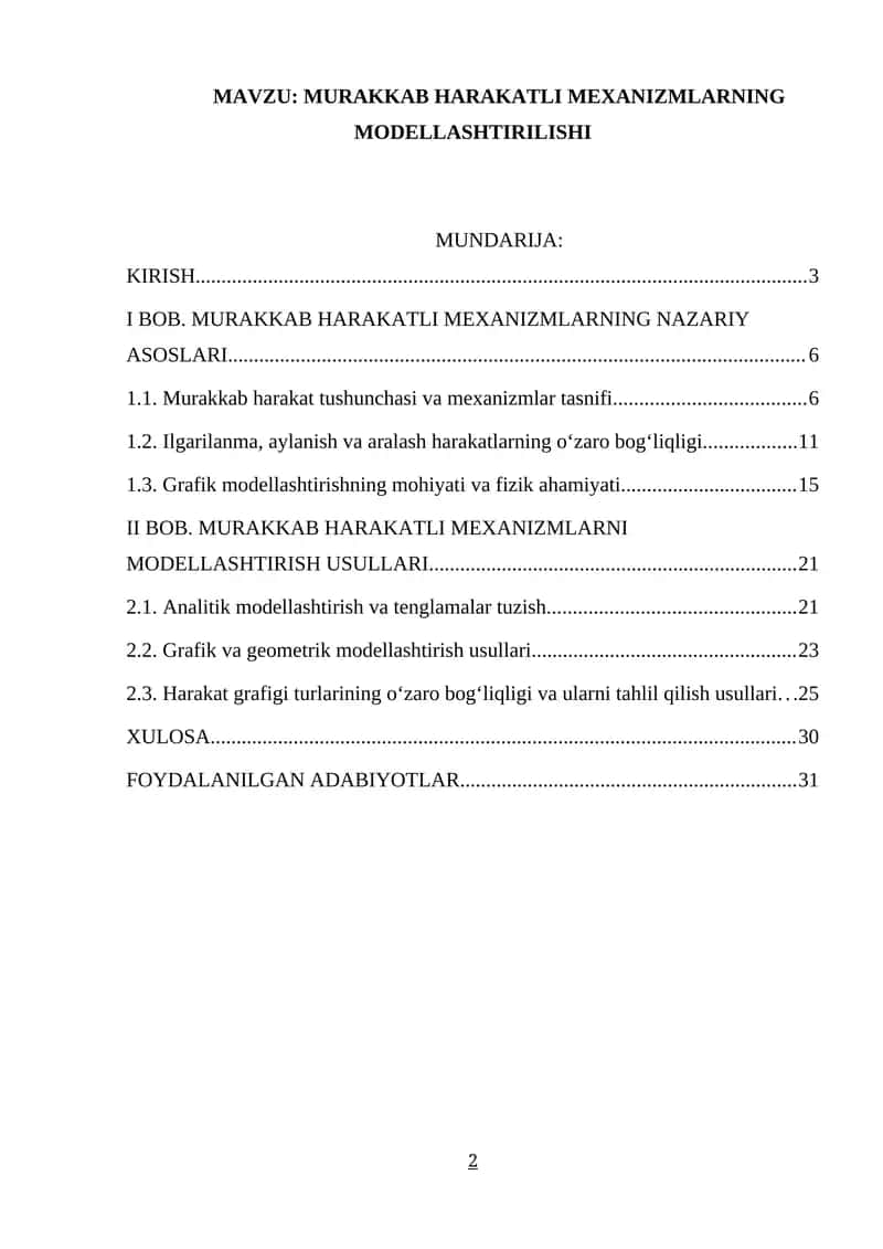 MURAKKAB HARAKATLI MEXANIZMLARNING MODELLASHTIRILISHI