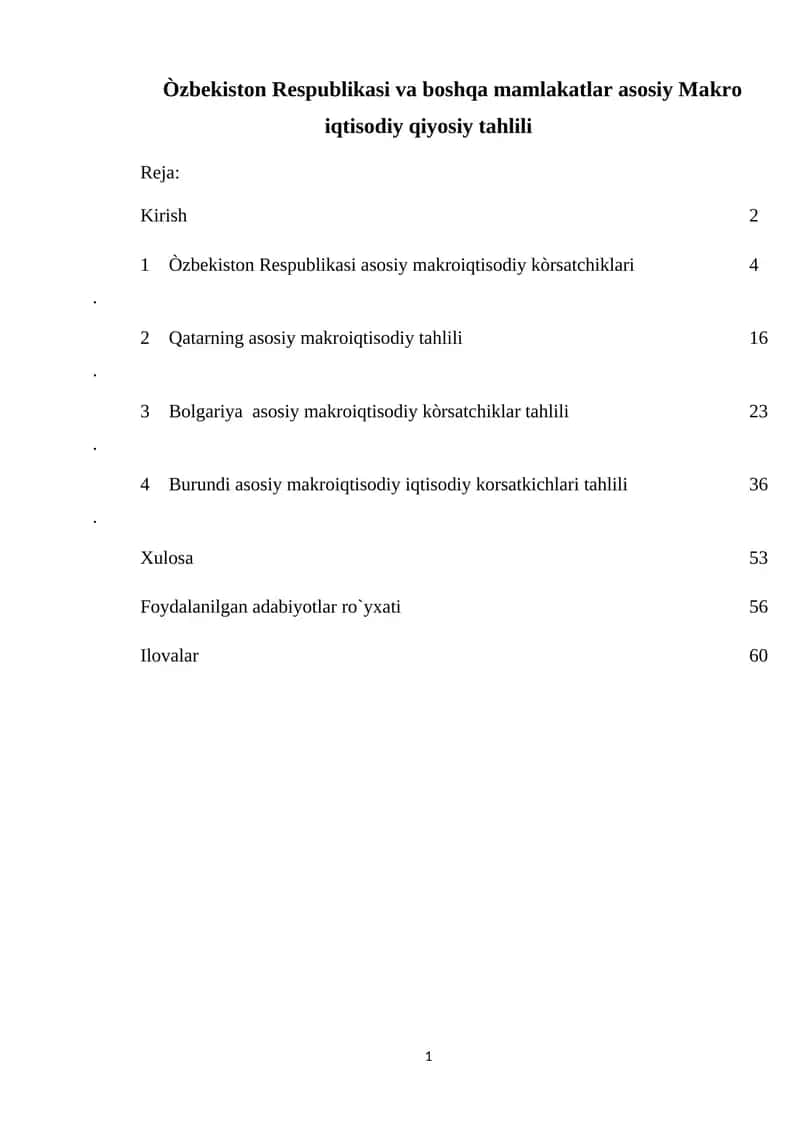 Òzbekiston Respublikasi va boshqa mamlakatlar asosiy Makro iqtisodiy qiyosiy tahlili
