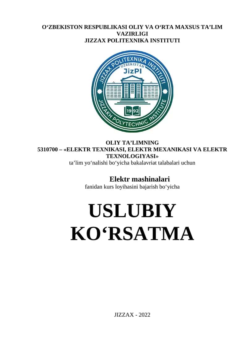 Elektr mashinalari fanidan kurs loyihasi