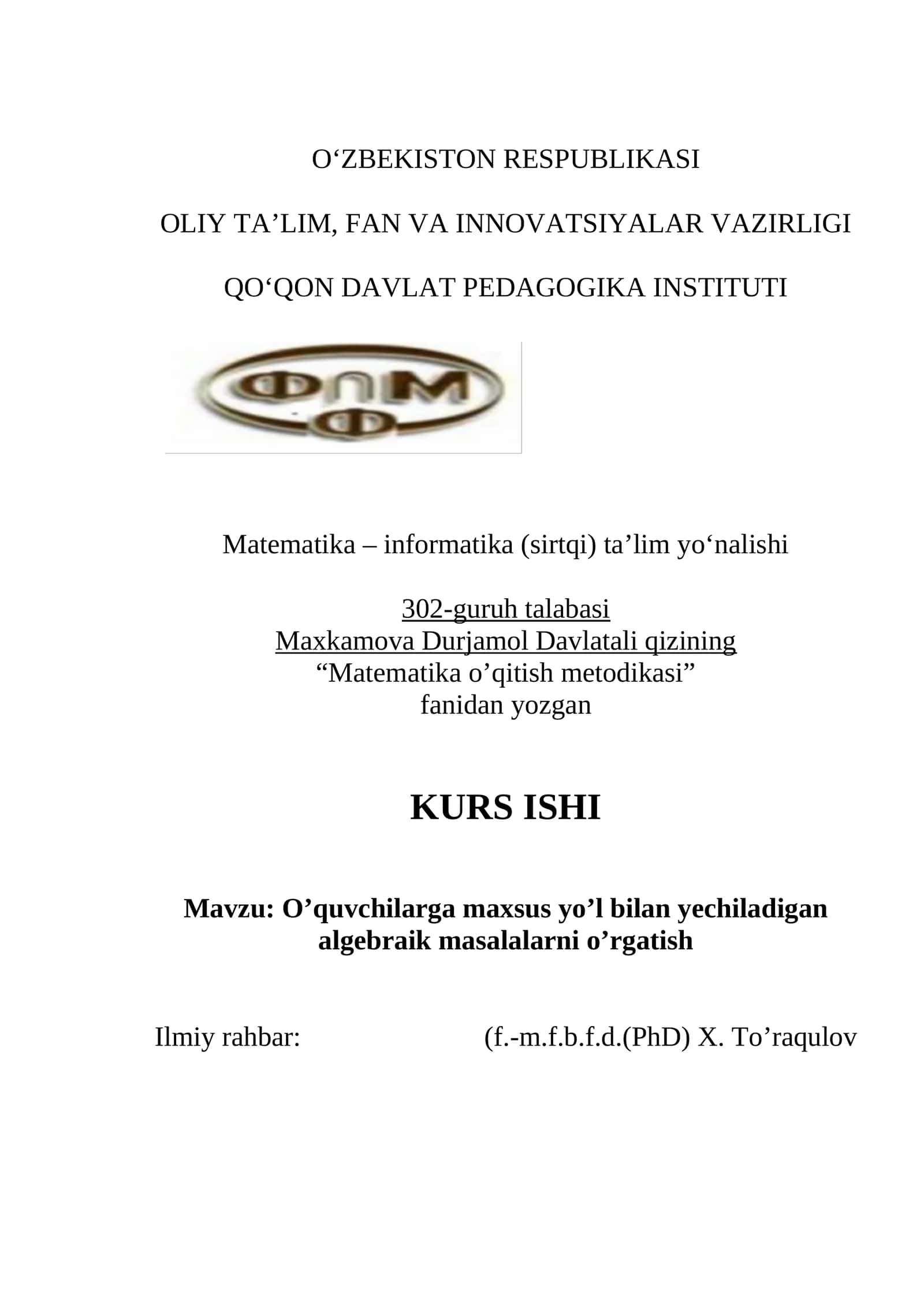 O’quvchilarga maxsus yo’l bilan yechiladigan algebraik masalalarni o’rgatish