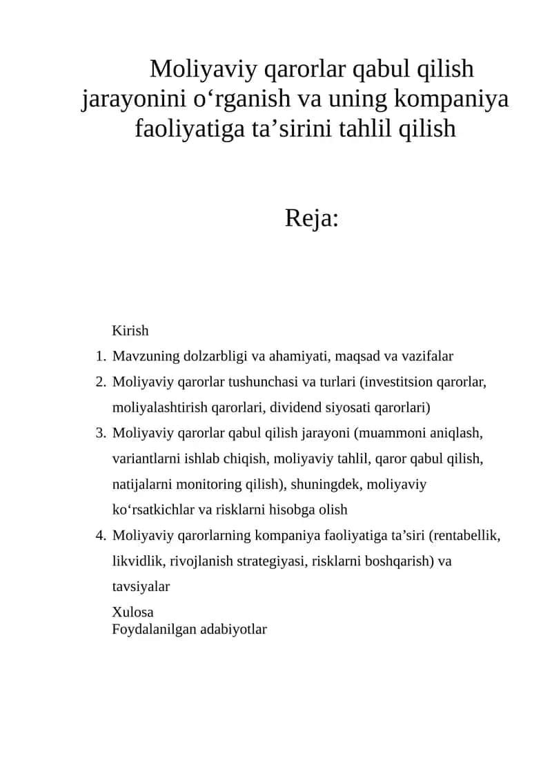 Moliyaviy qarorlar qabul qilish jarayonini oʻrganish