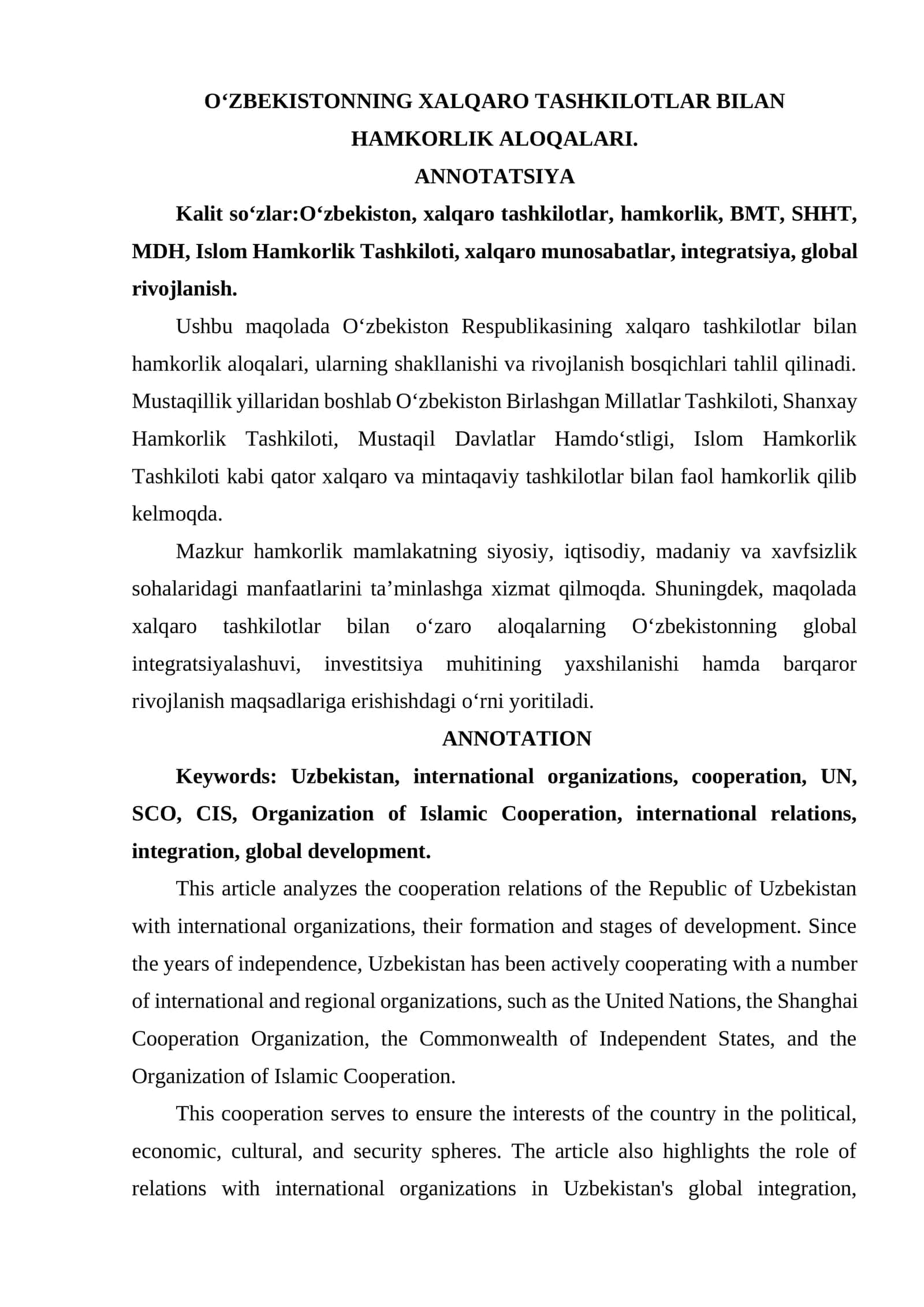 OʻZBEKISTONNING XALQARO TASHKILOTLAR BILAN HAMKORLIK ALOQALARI.