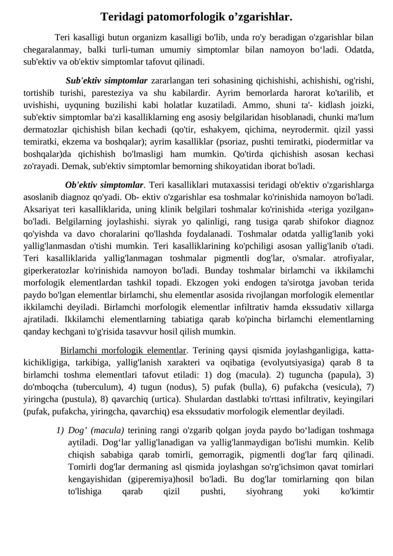 Teridagi patomorfologik o’zgarishlar