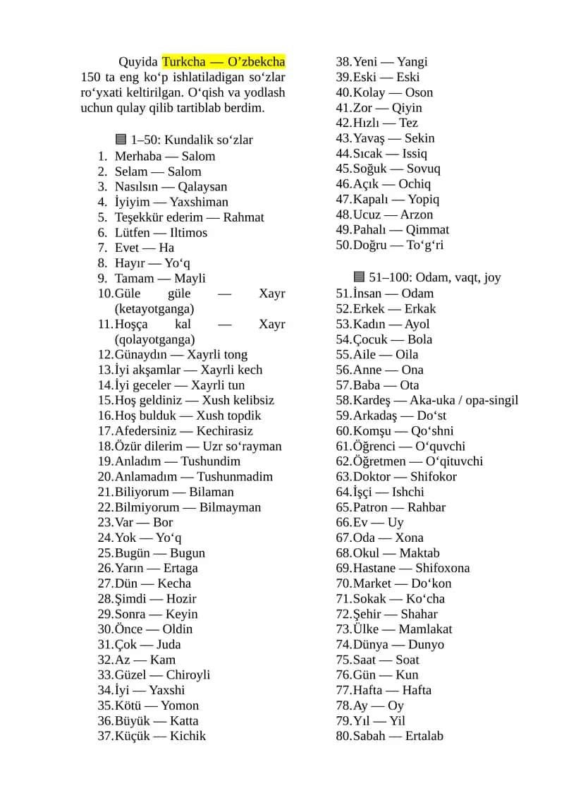 Turkcha — O’zbekcha 150 ta eng ko‘p ishlatiladigan so‘zlar ro‘yxati