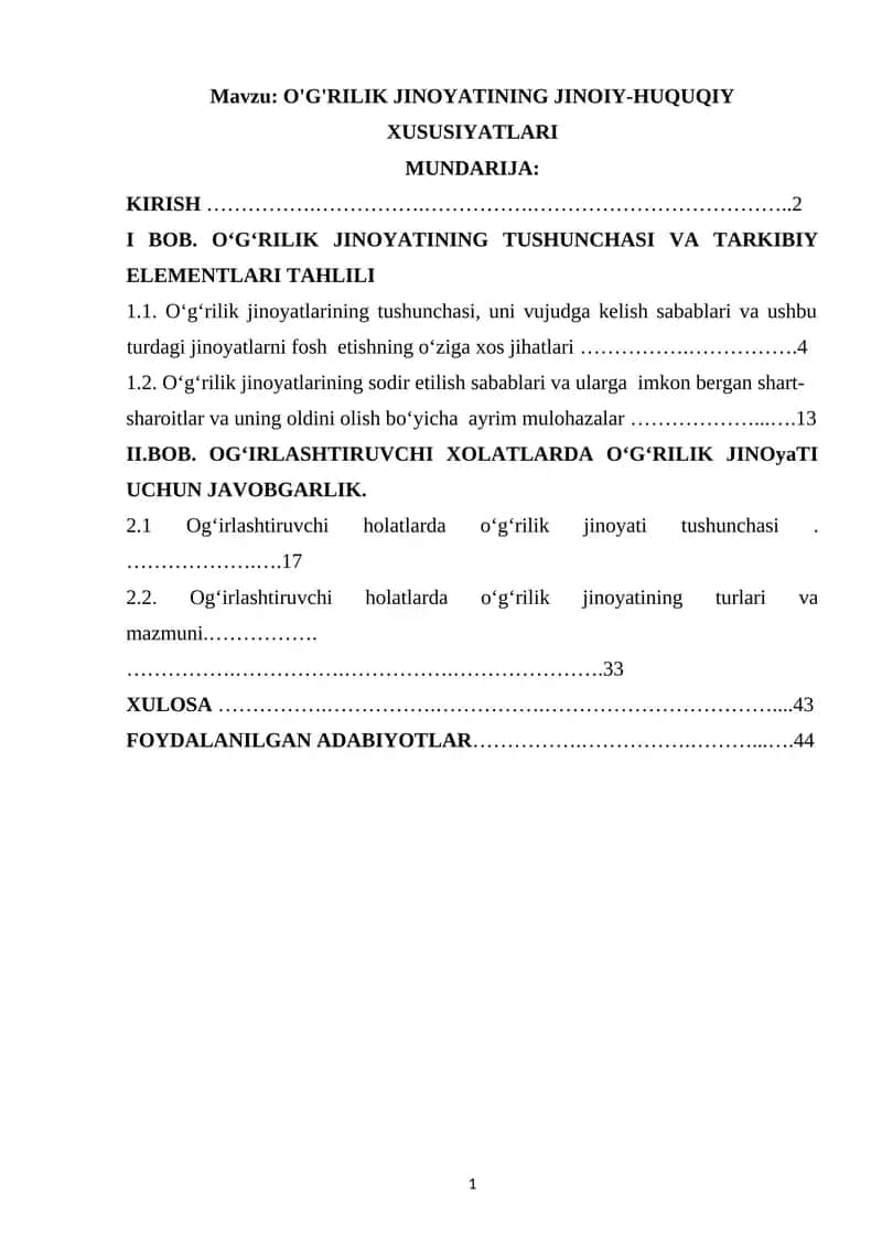O'G'RILIK JINOYATINING JINOIY-HUQUQIY XUSUSIYATLARI