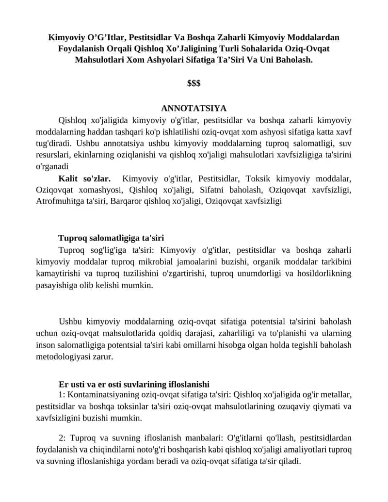 Kimyoviy O’G’Itlar, Pestitsidlar Va Boshqa Zaharli Kimyoviy Moddalardan Foydalanish Orqali Qishloq Xo’Jaligining Turli Sohalarida Оziq-Оvqat Mahsulotlari Xom Ashyolari Sifatiga Ta’Siri Va Uni Baholash