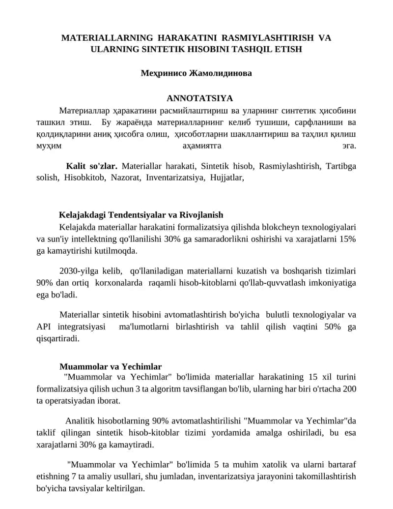 MATERIALLARNING HARAKATINI RASMIYLASHTIRISH VA ULARNING SINTETIK HISOBINI TASHQIL ETISH