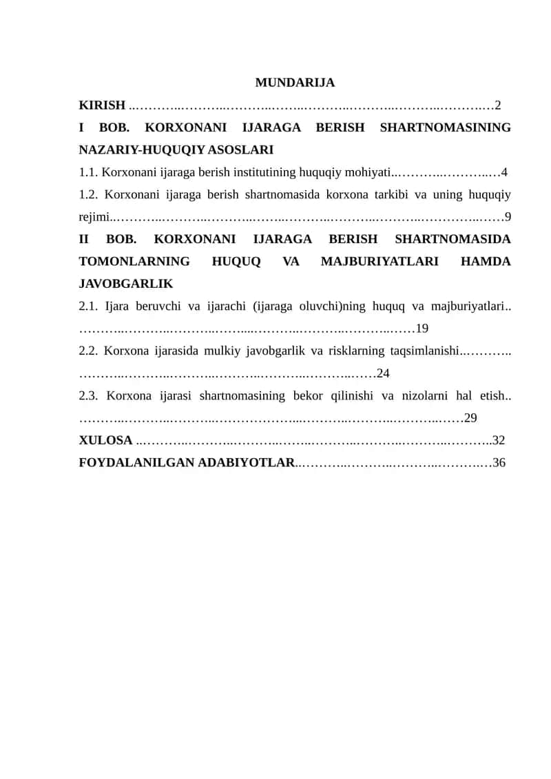 KORXONANI IJARAGA BERISH SHARTNOMASINING FUQAROLIK HUQUQIY XUSUSIYATLARI
