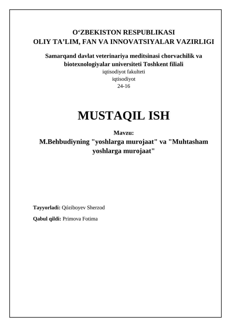 M.Behbudiyning "yoshlarga murojaat" va "Muhtasham yoshlarga murojaat"