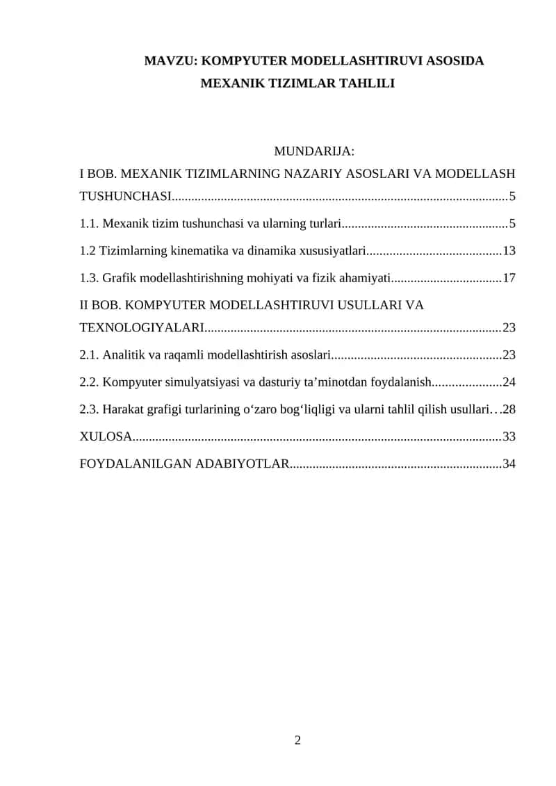 KOMPYUTER MODELLASHTIRUVI ASOSIDA MEXANIK TIZIMLAR TAHLILI