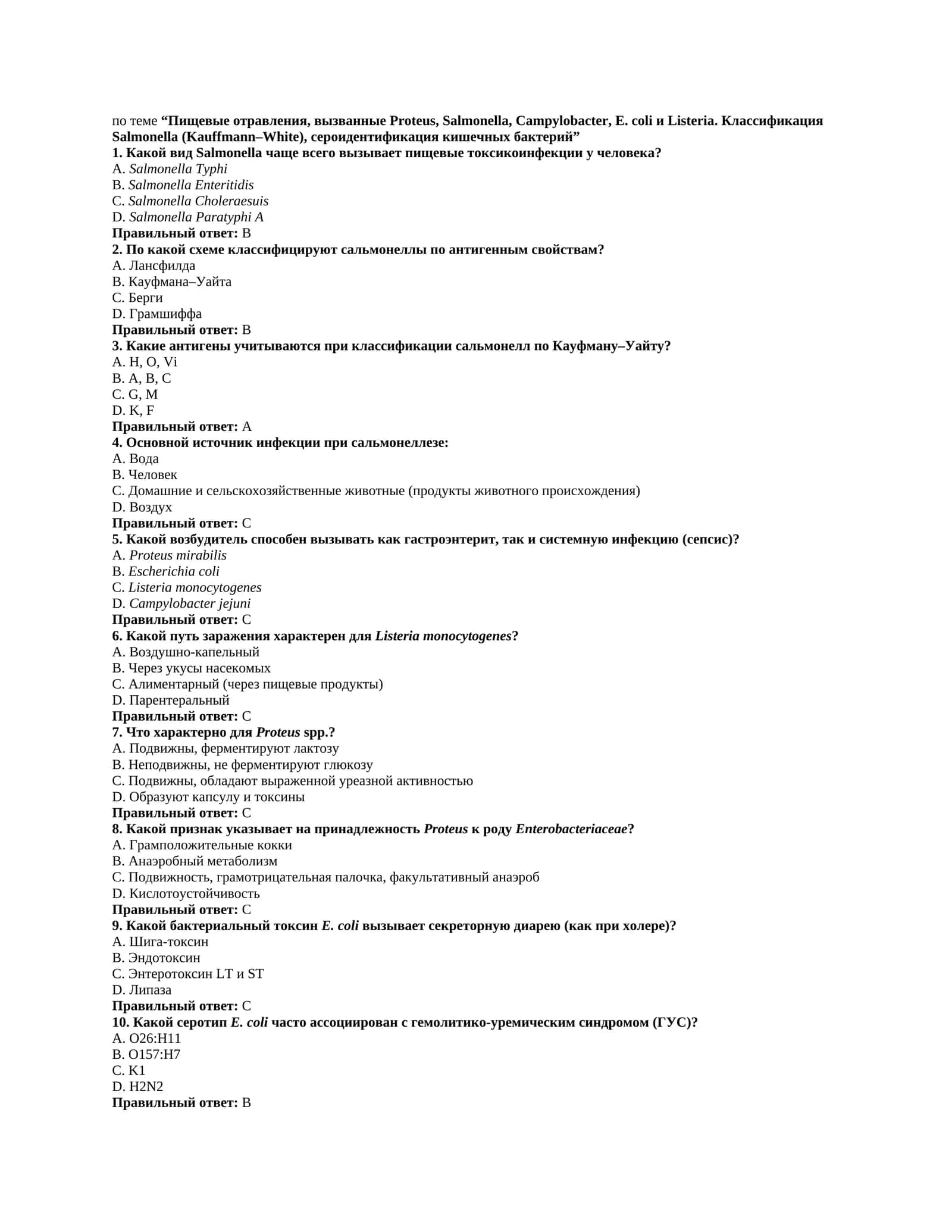 Пищевые отравления, вызванные Proteus, Salmonella, Campylobacter, E. coli и Listeria. Классификация Salmonella (Kauffmann–White), серои идентификация кишечных бактерий