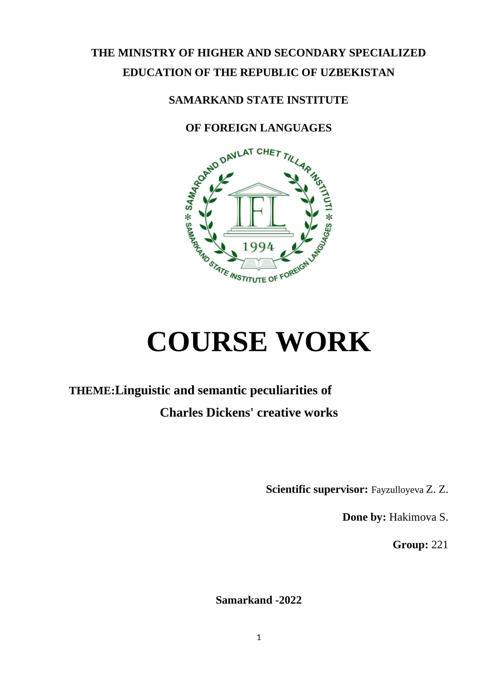 Linguistic and Semantic Peculiarities of Charles Dickens' Creative Works