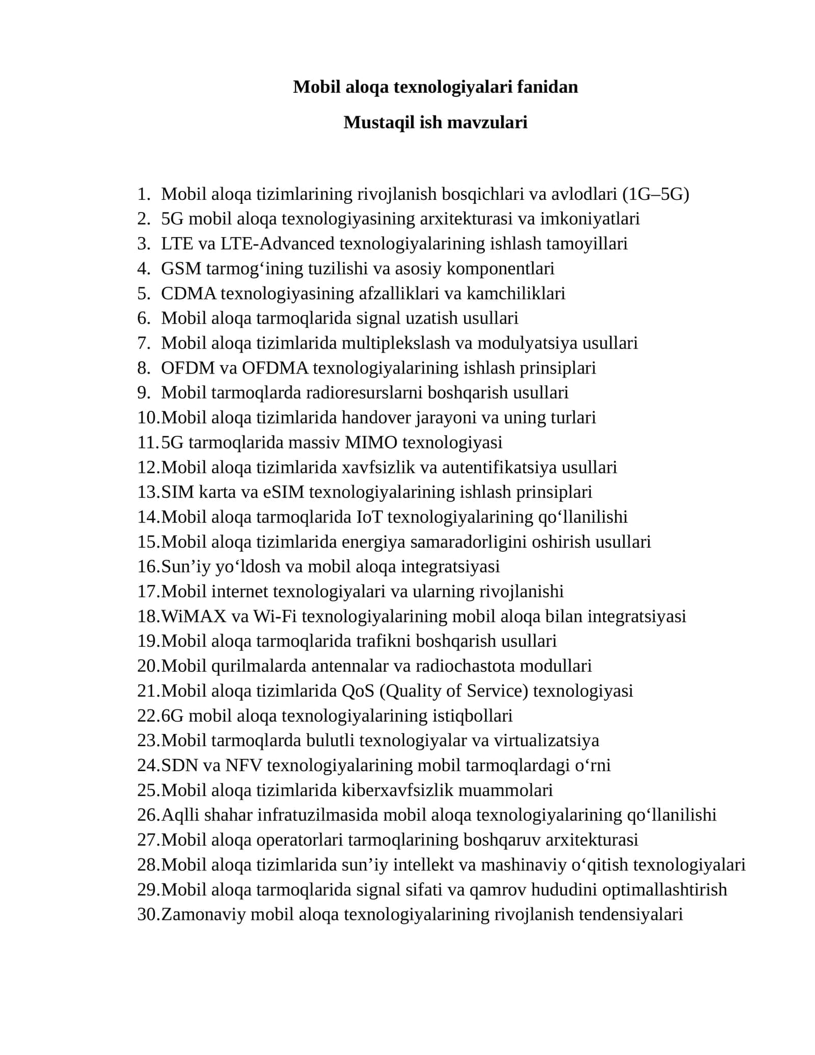 Mobil aloqa texnologiyalari fanidan