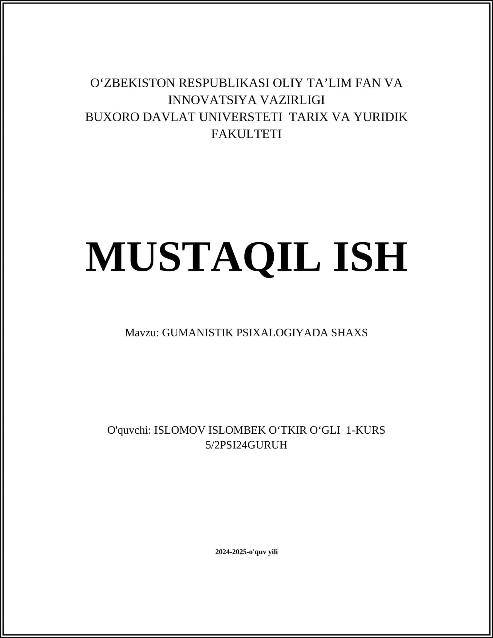 GUMANISTIK PSIXALOGIYADA SHAXS