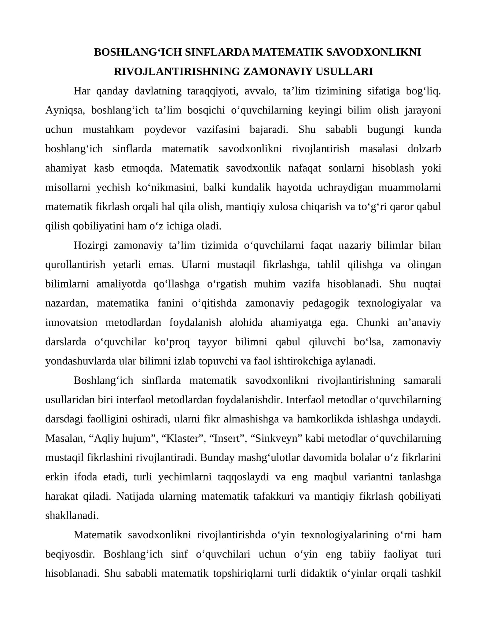 Matematik Savodxonlikni Rivojlantirishning Usullari