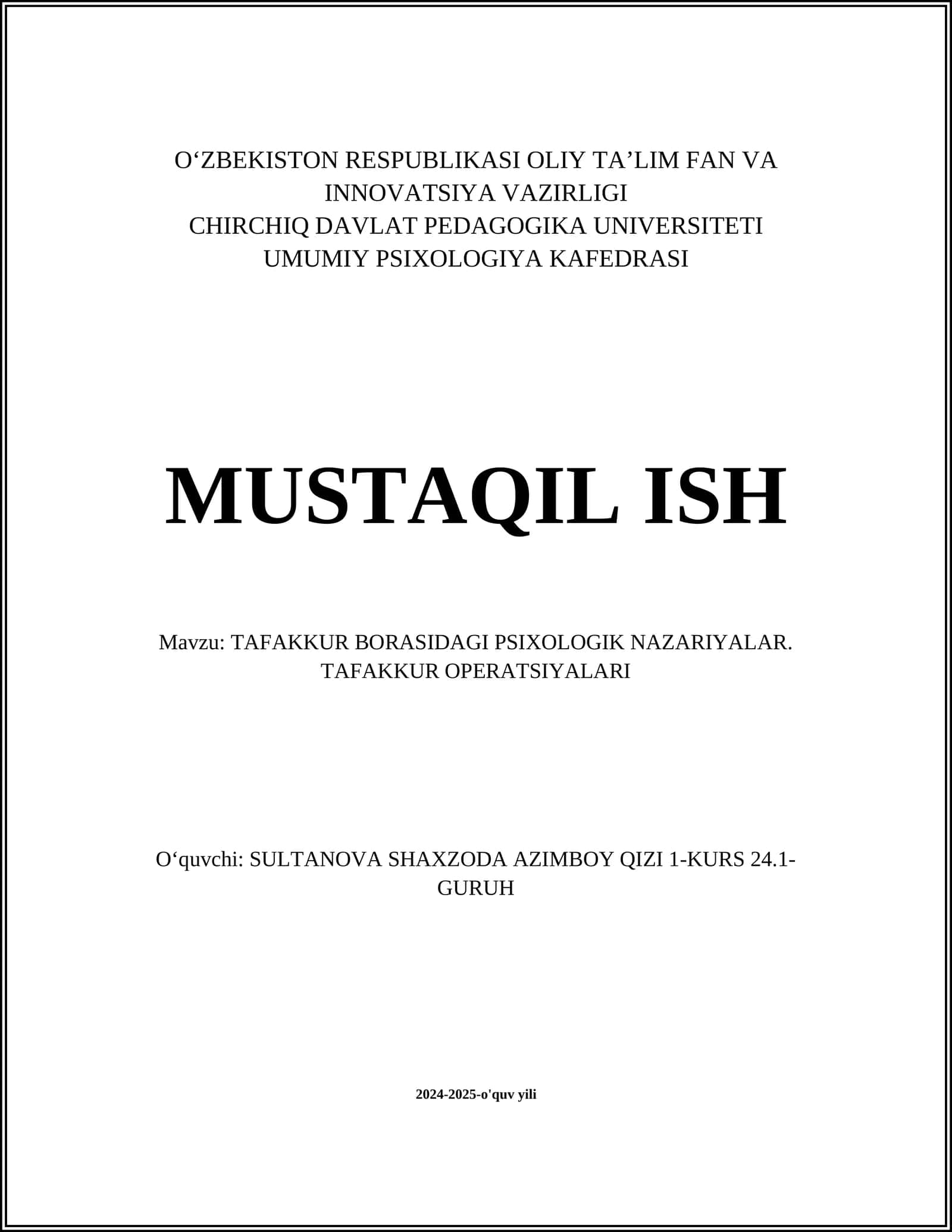 TAFAKKUR BORASIDAGI PSIXOLOGIK NAZARIYALAR