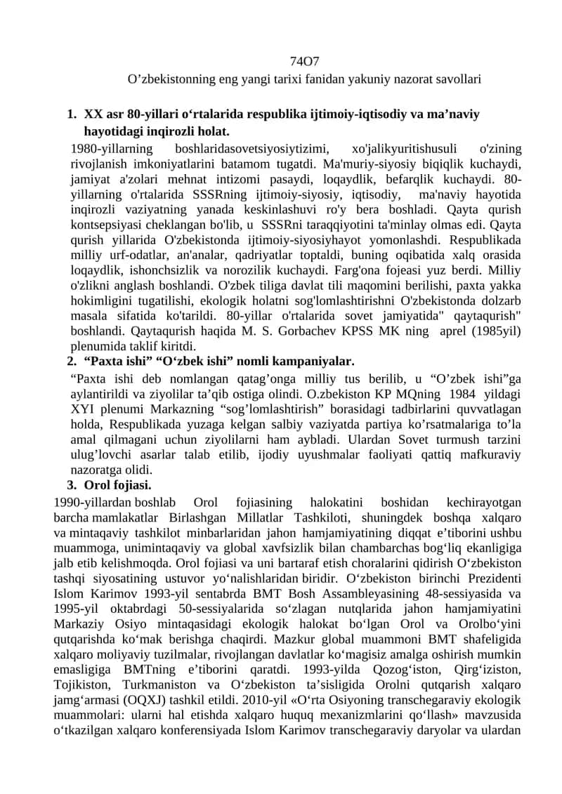O’zbekistonning eng yangi tarixi fanidan yakuniy nazorat savollari