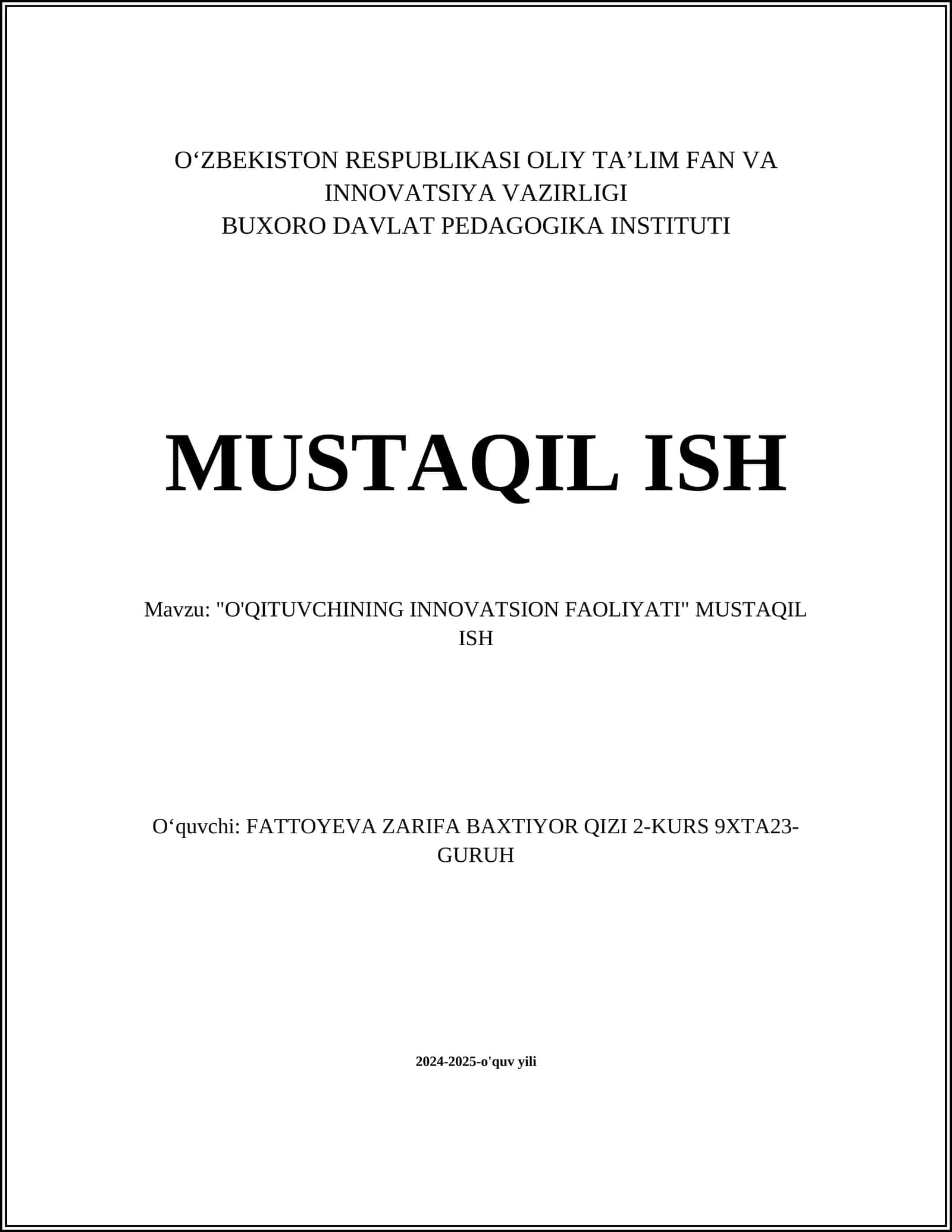 O'QITUVCHINING INNOVATSION FAOLIYATI